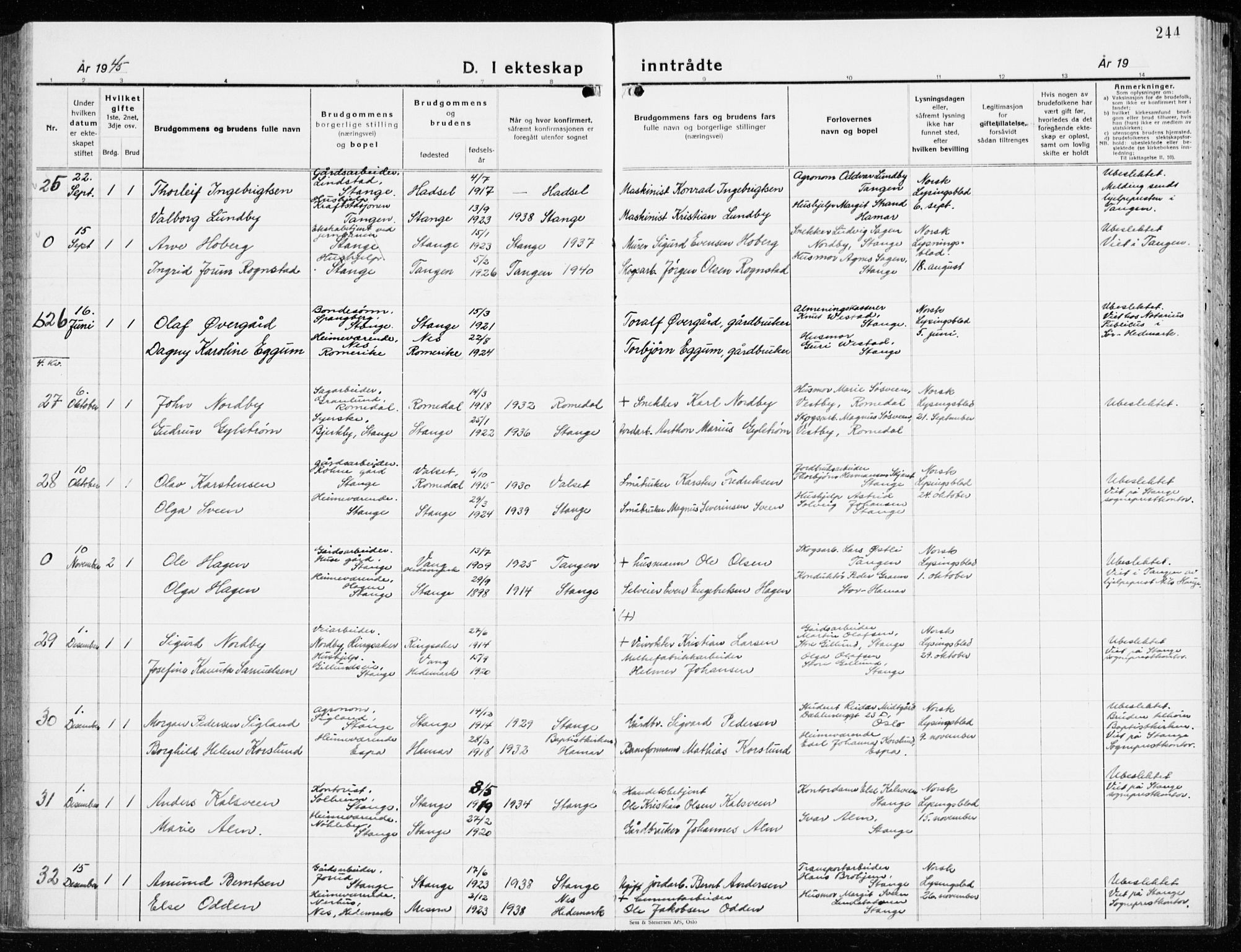 Stange prestekontor, AV/SAH-PREST-002/K/L0027: Ministerialbok nr. 27, 1937-1947, s. 244