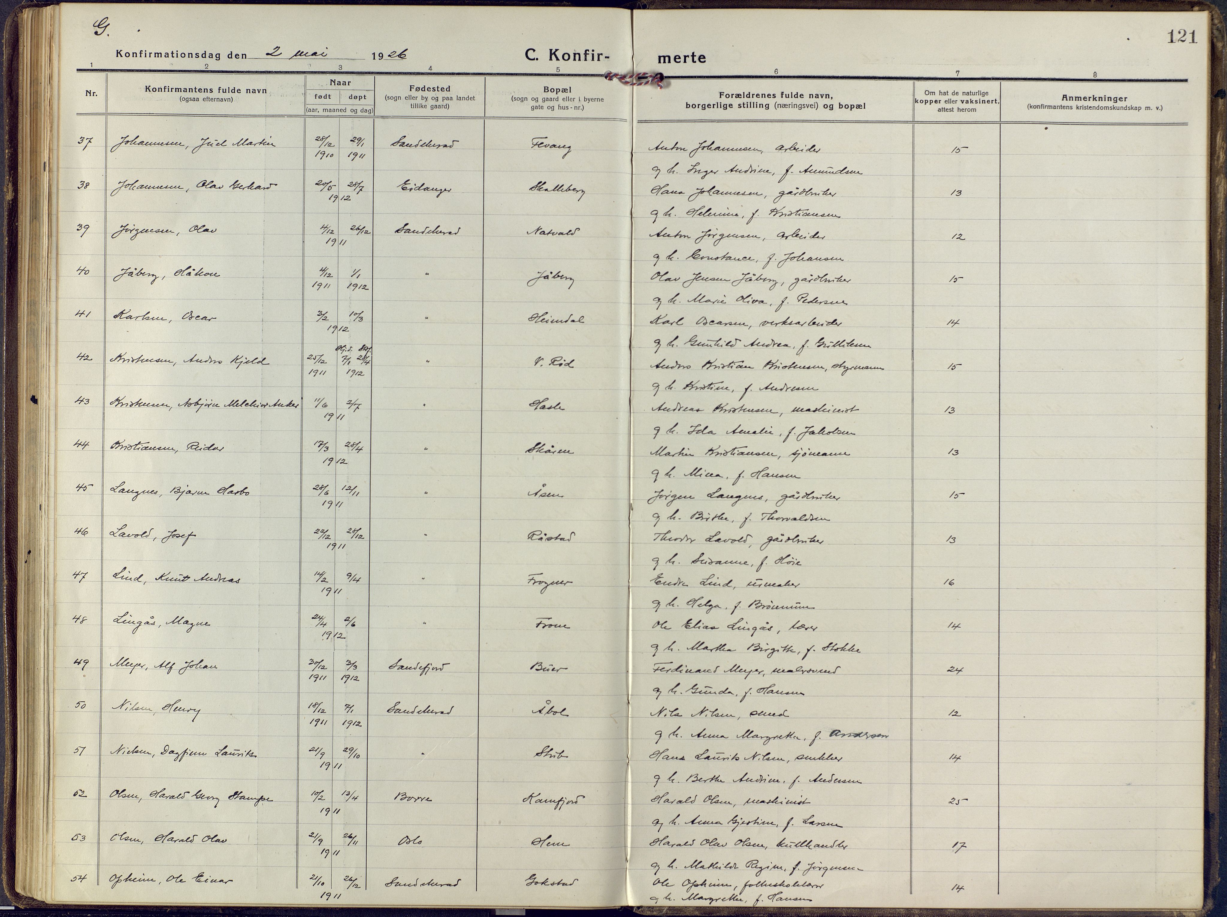 Sandar kirkebøker, AV/SAKO-A-243/F/Fa/L0018: Ministerialbok nr. 18, 1917-1926, s. 121