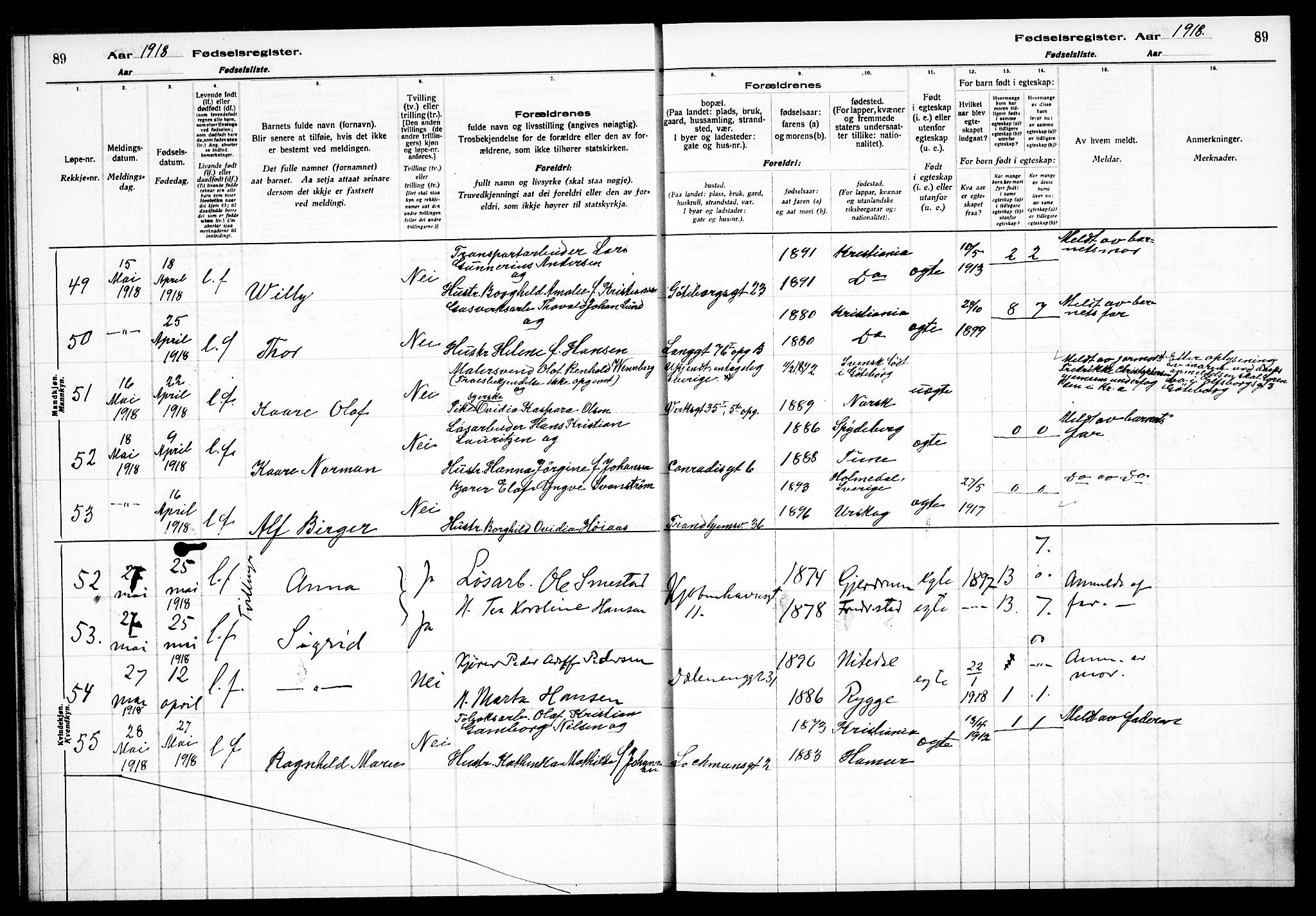 Petrus prestekontor Kirkebøker, AV/SAO-A-10872/J/Ja/L0001: Fødselsregister nr. 1, 1916-1922, s. 89