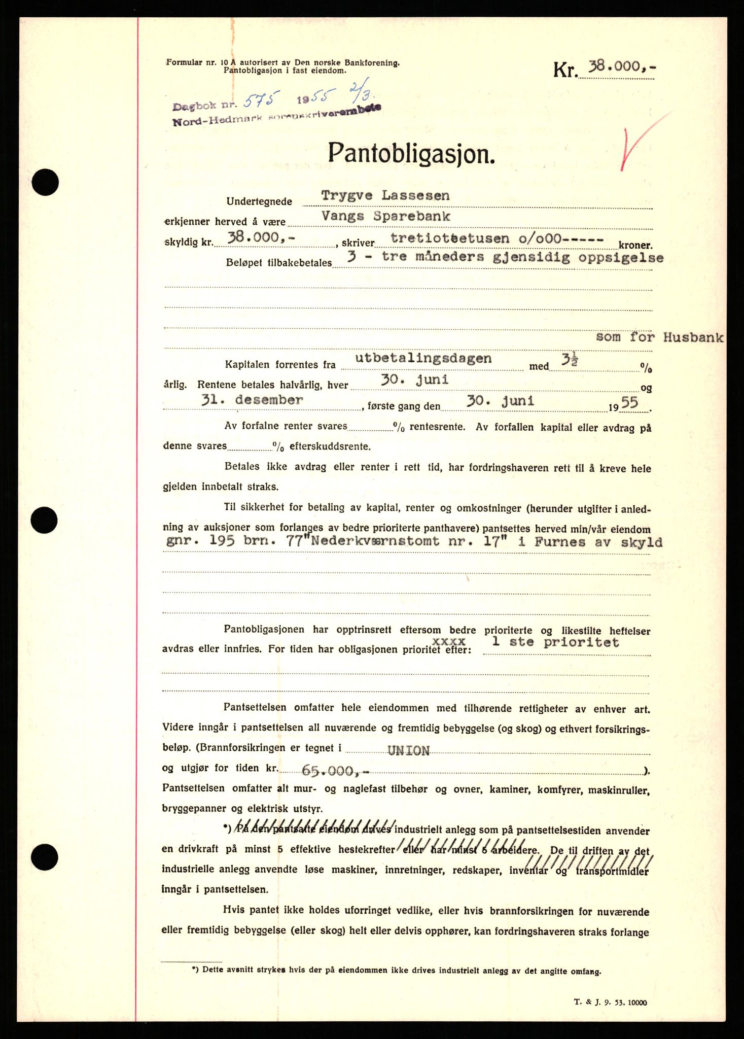 Nord-Hedmark sorenskriveri, SAH/TING-012/H/Hb/Hbf/L0032: Pantebok nr. B32, 1955-1955, Dagboknr: 575/1952