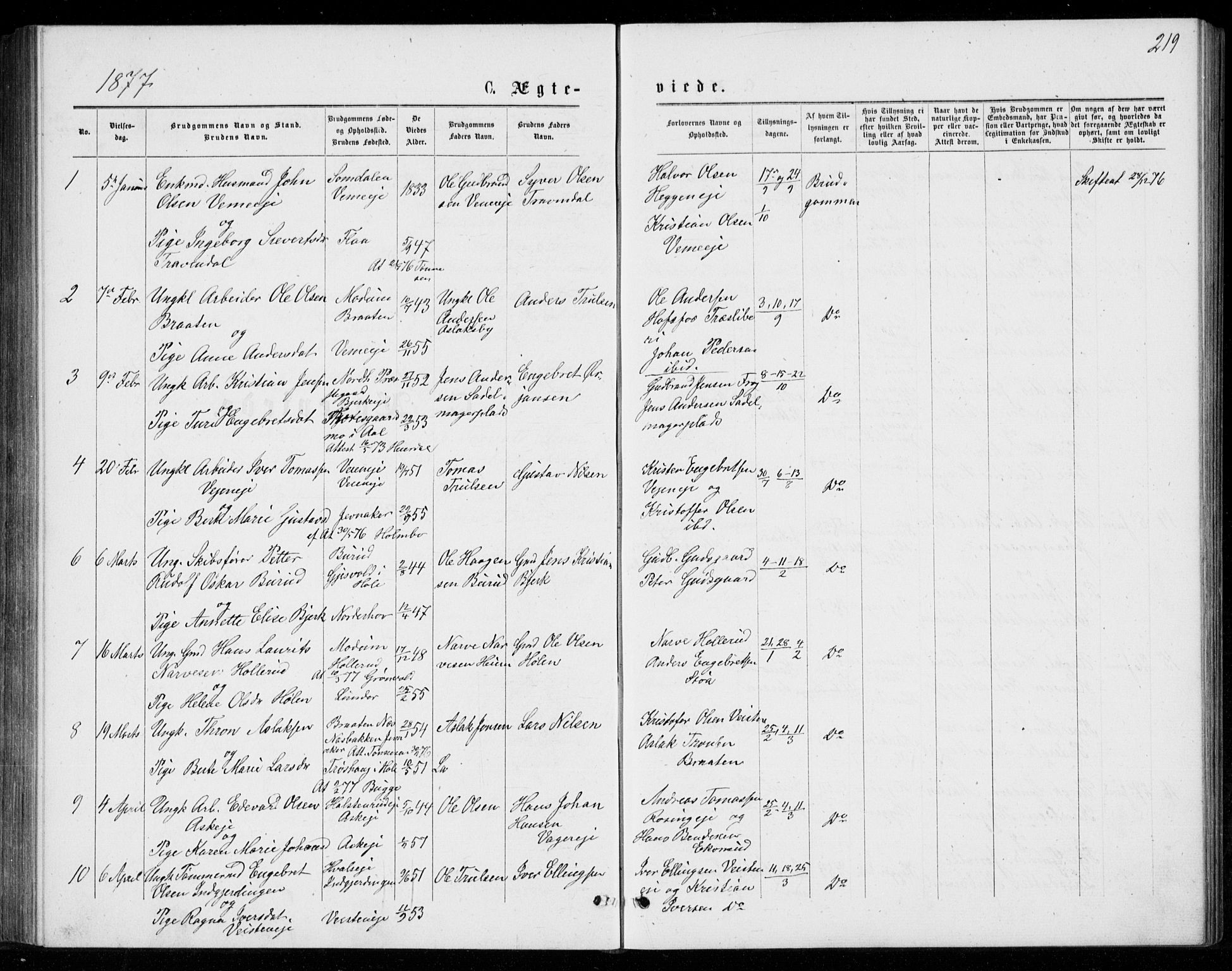 Norderhov kirkebøker, AV/SAKO-A-237/G/Ga/L0007: Klokkerbok nr. I 7, 1877-1887, s. 219