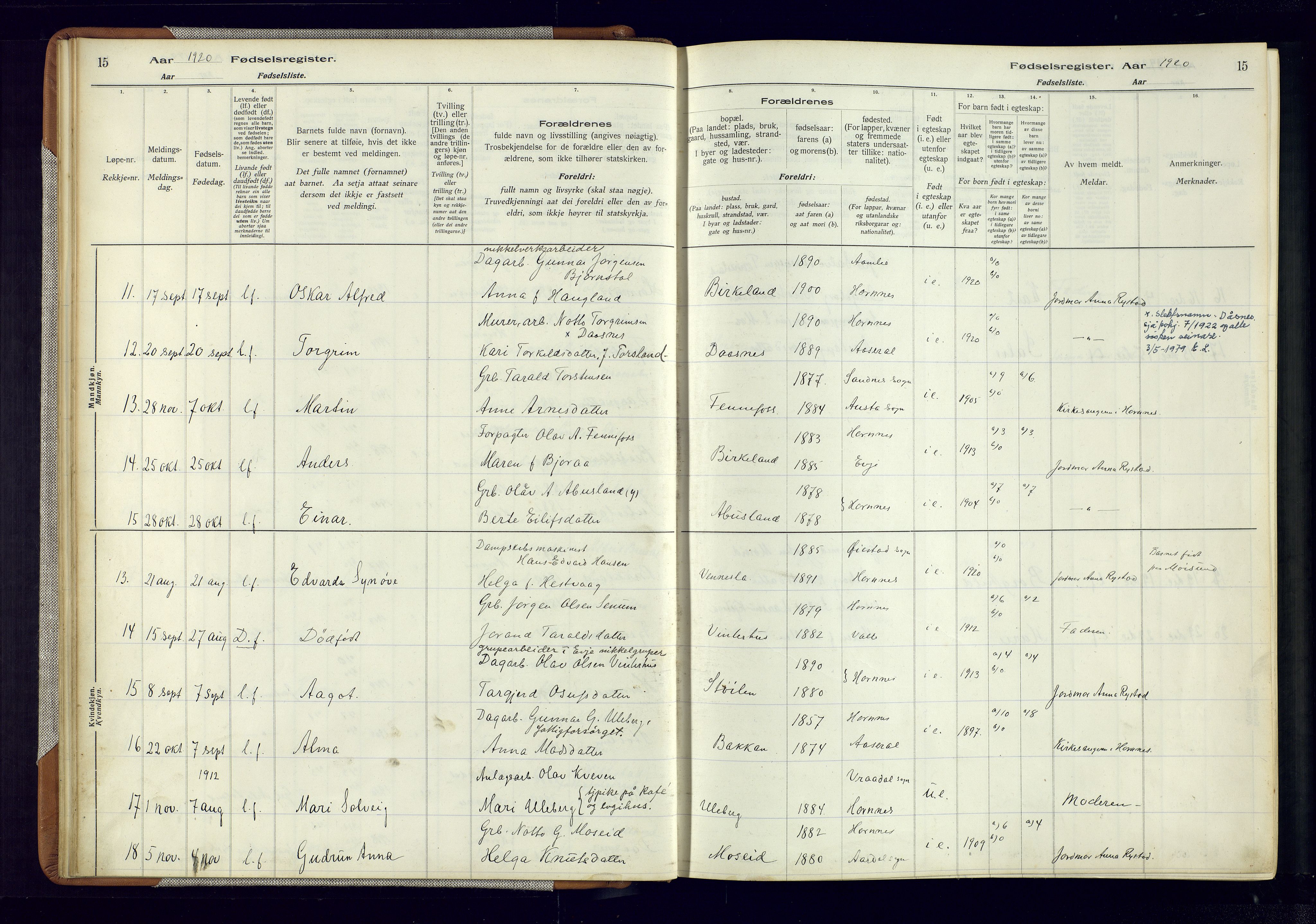 Evje sokneprestkontor, AV/SAK-1111-0008/J/Jc/L0006: Fødselsregister nr. 6, 1916-1982, s. 15