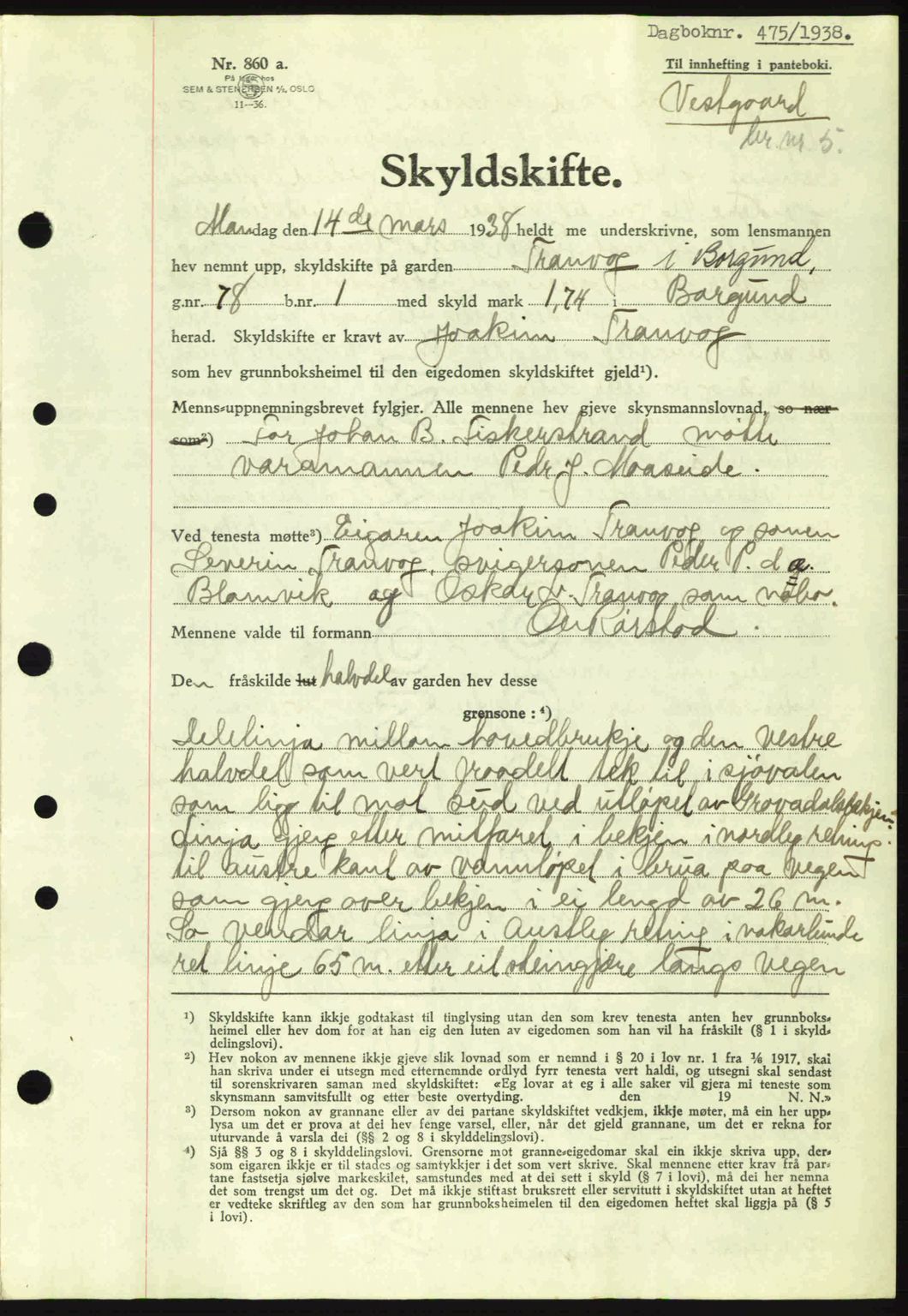 Nordre Sunnmøre sorenskriveri, AV/SAT-A-0006/1/2/2C/2Ca: Pantebok nr. A4, 1937-1938, Dagboknr: 475/1938