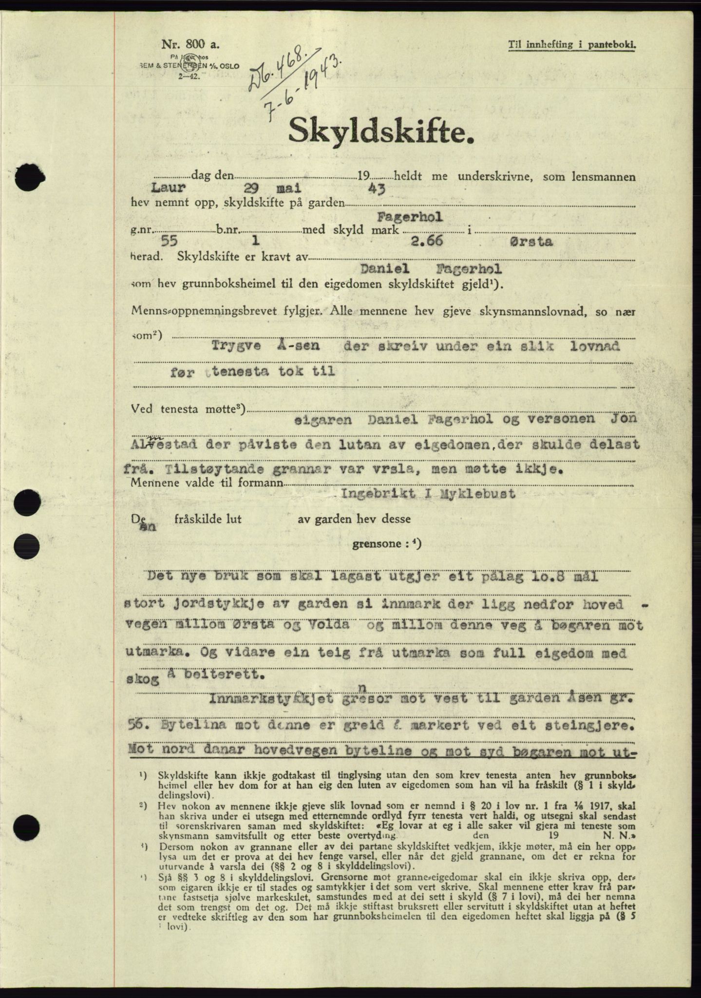 Søre Sunnmøre sorenskriveri, AV/SAT-A-4122/1/2/2C/L0075: Pantebok nr. 1A, 1943-1943, Dagboknr: 468/1943