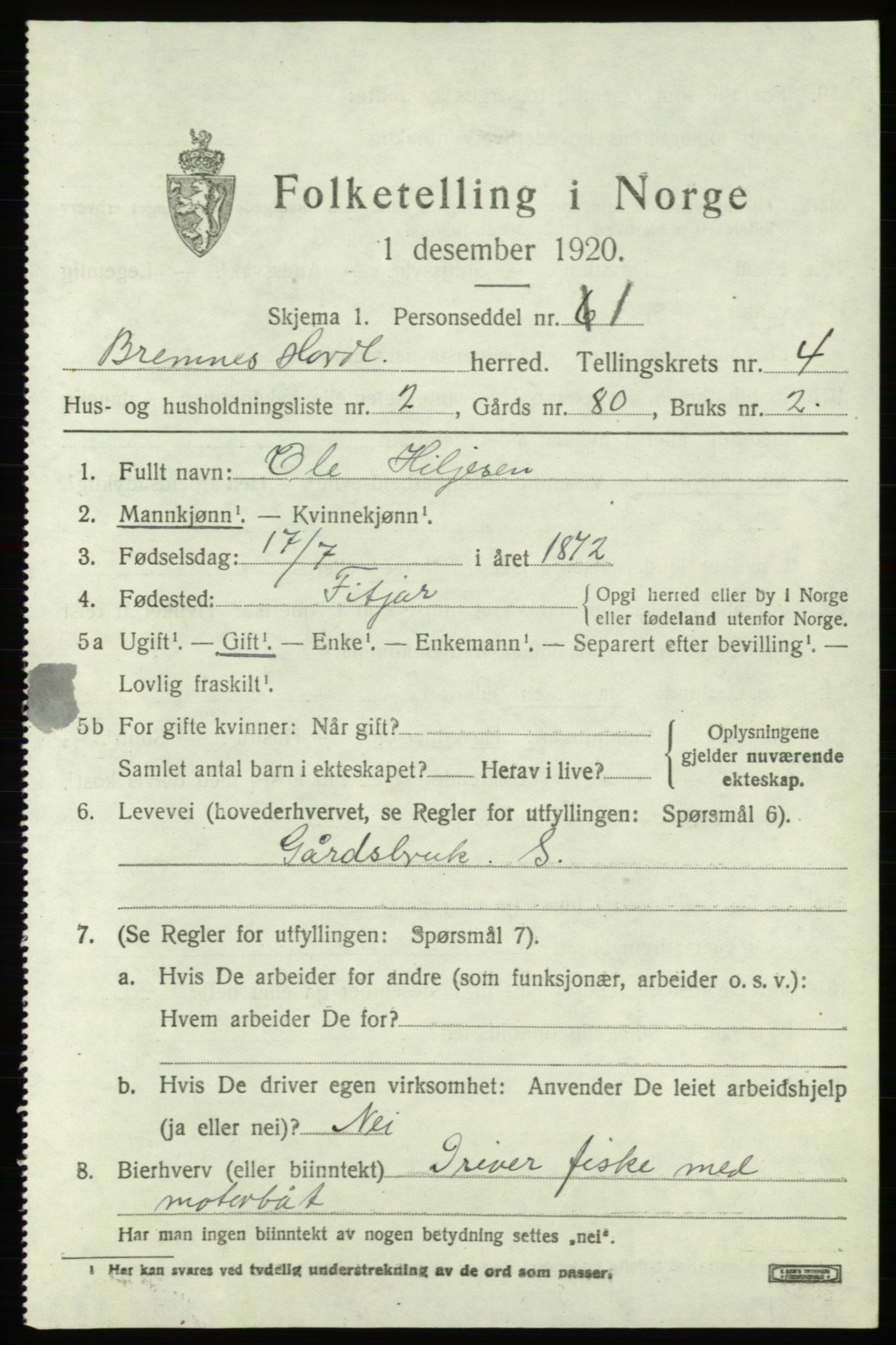 SAB, Folketelling 1920 for 1220 Bremnes herred, 1920, s. 1816