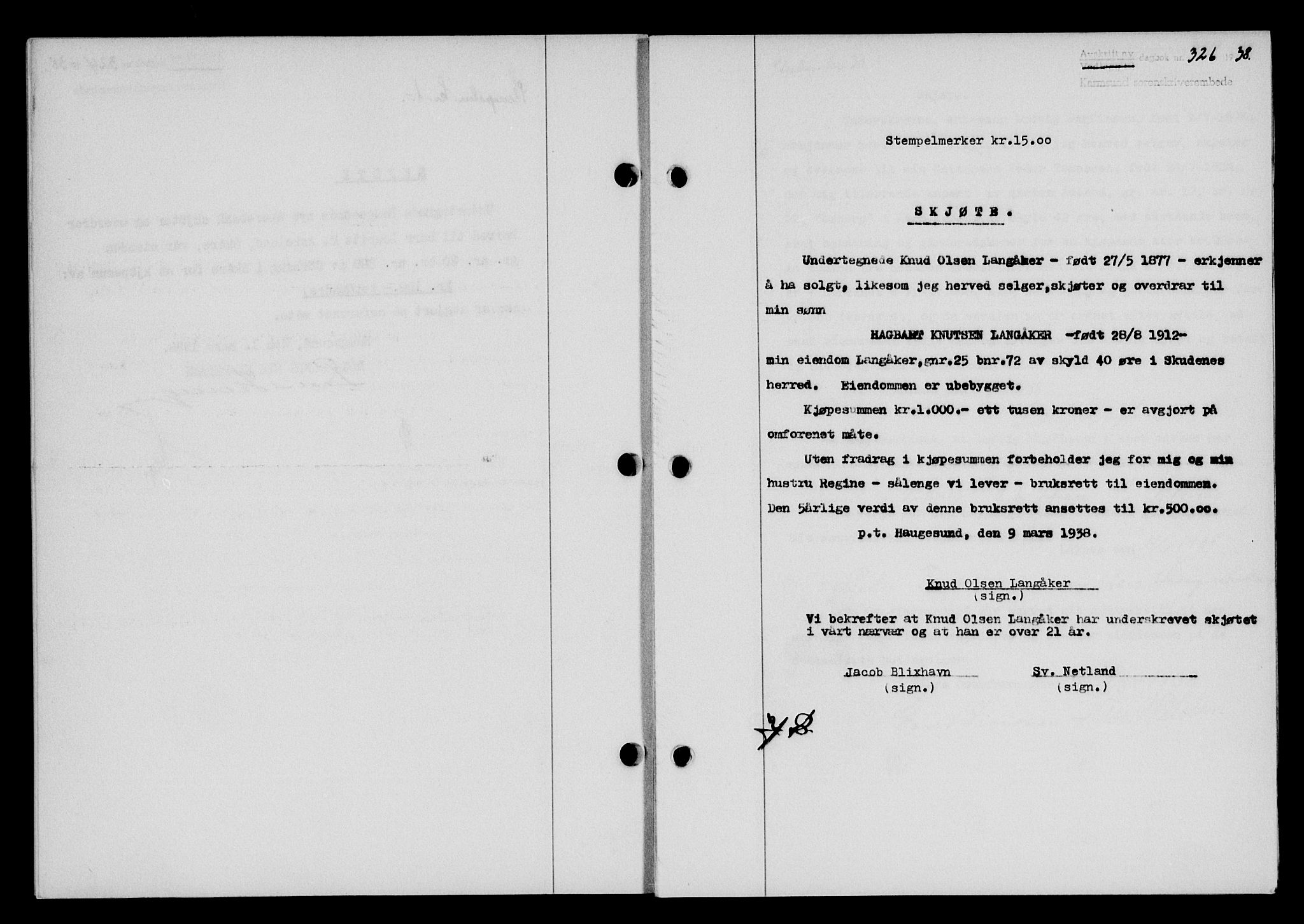 Karmsund sorenskriveri, SAST/A-100311/01/II/IIB/L0069: Pantebok nr. 50A, 1937-1938, Dagboknr: 326/1938