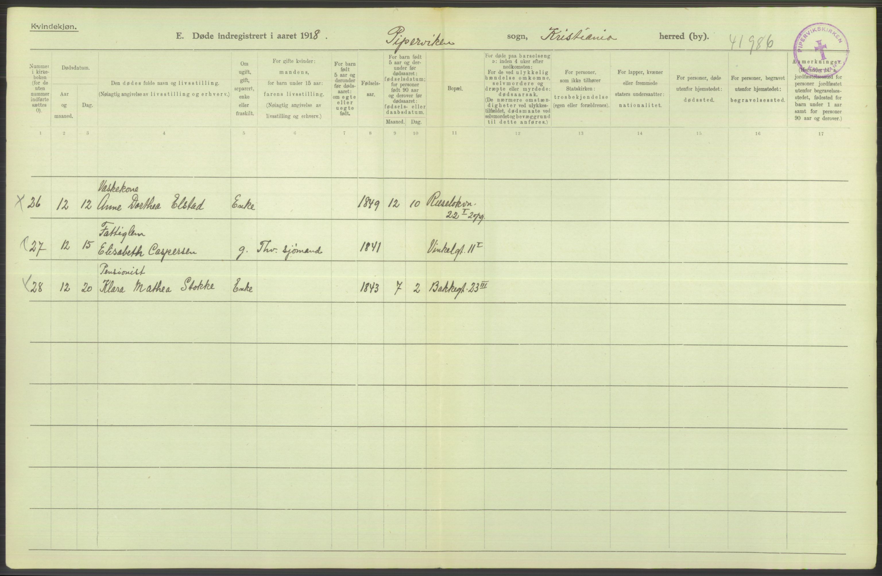 Statistisk sentralbyrå, Sosiodemografiske emner, Befolkning, RA/S-2228/D/Df/Dfb/Dfbh/L0011: Kristiania: Døde, dødfødte, 1918, s. 66