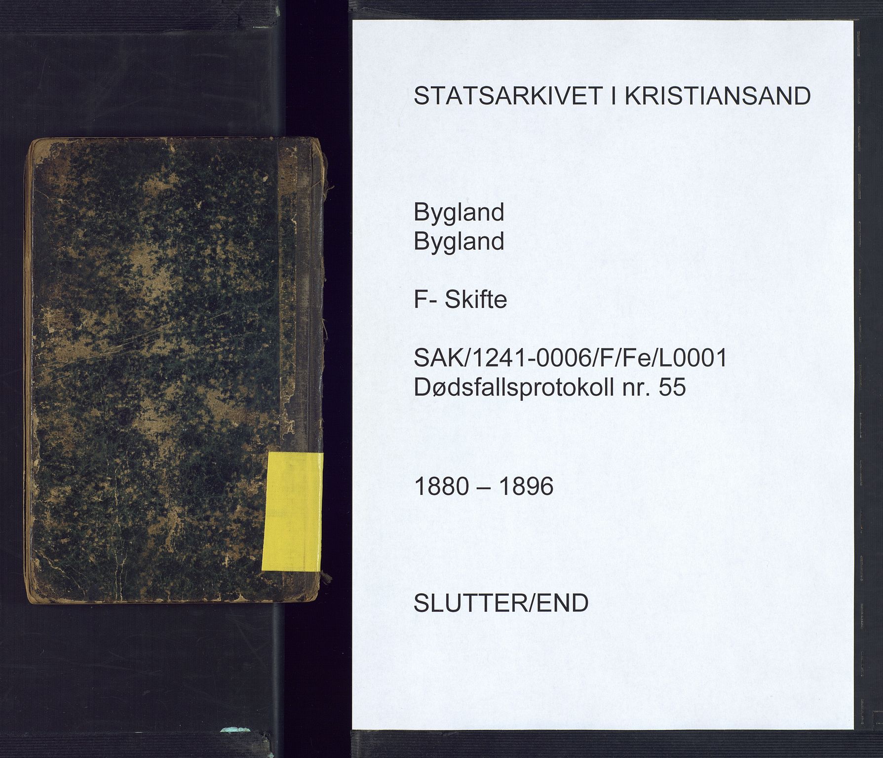 Bygland lensmannskontor, SAK/1241-0006/F/Fe/L0001: Fortegnelse anmeldte dødsfall nr 55, 1880-1896