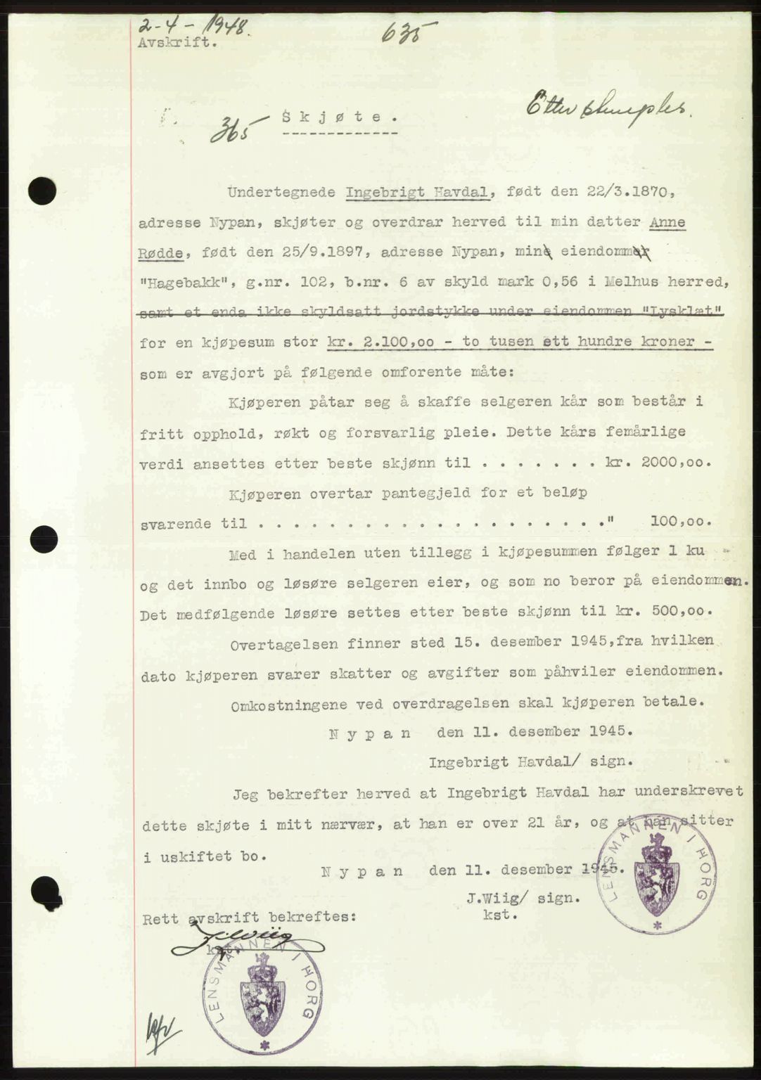 Gauldal sorenskriveri, SAT/A-0014/1/2/2C: Pantebok nr. A5, 1947-1948, Dagboknr: 365/1948