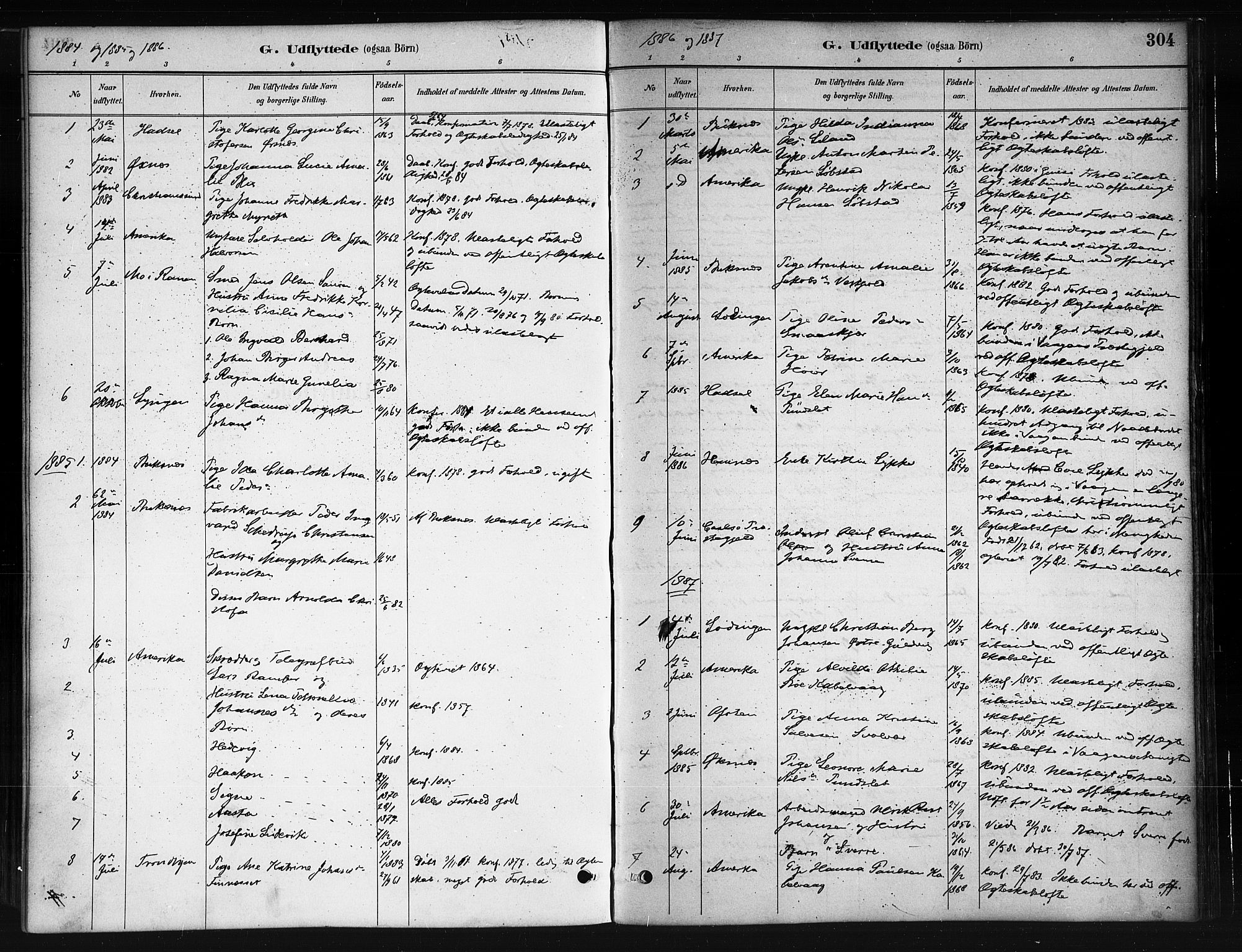 Ministerialprotokoller, klokkerbøker og fødselsregistre - Nordland, AV/SAT-A-1459/874/L1059: Ministerialbok nr. 874A03, 1884-1890, s. 304