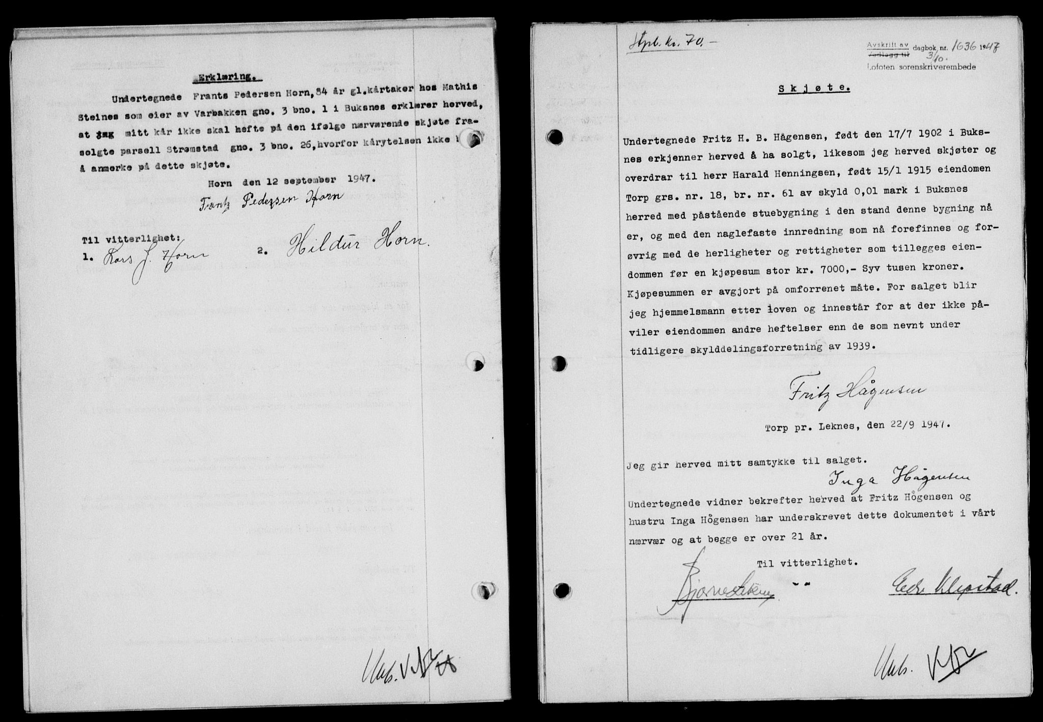 Lofoten sorenskriveri, SAT/A-0017/1/2/2C/L0017a: Pantebok nr. 17a, 1947-1948, Dagboknr: 1636/1947