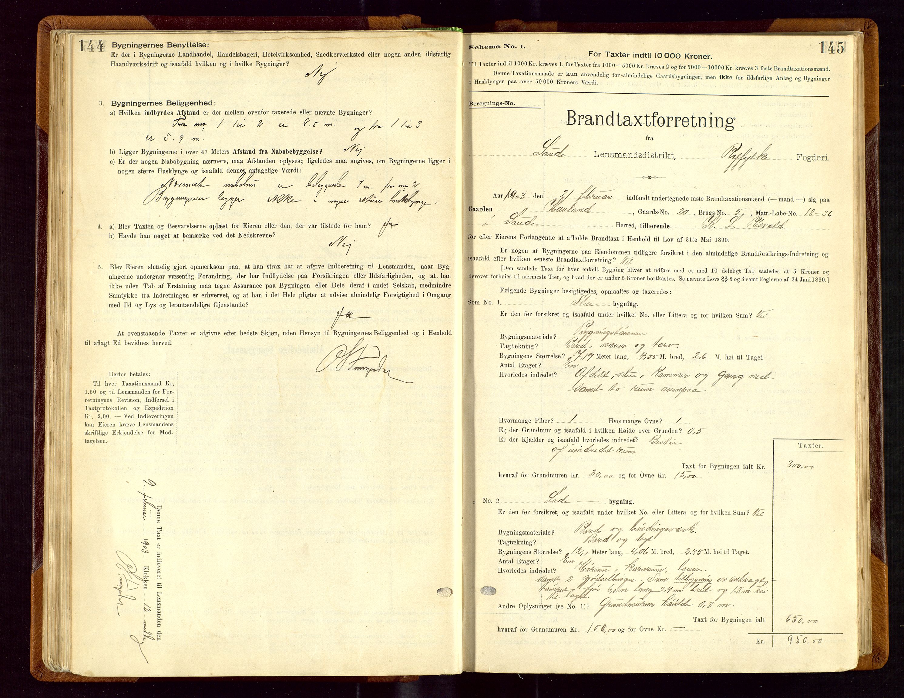 Sauda lensmannskontor, AV/SAST-A-100177/Gob/L0001: Branntakstprotokoll - skjematakst, 1894-1914, s. 144-145