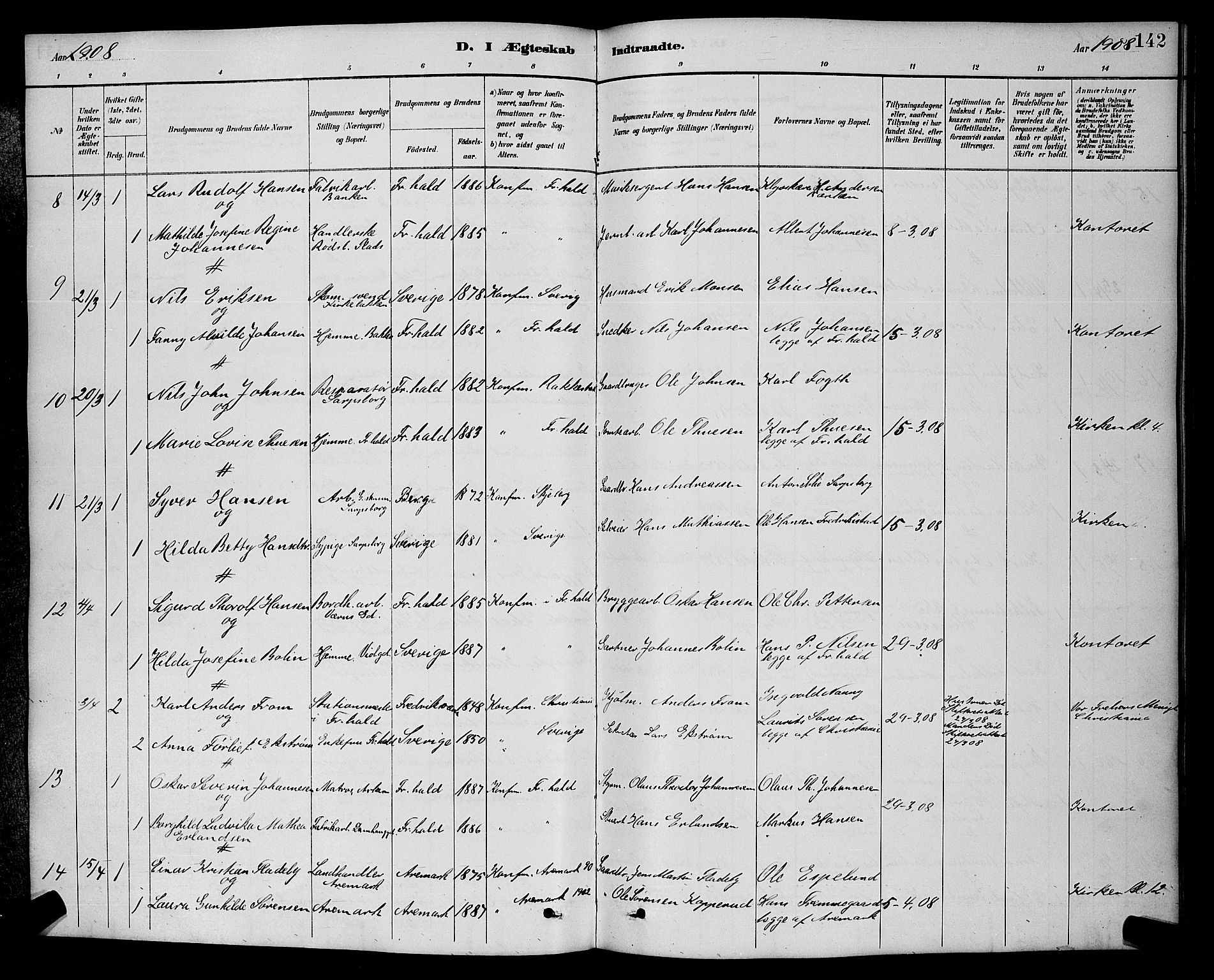 Halden prestekontor Kirkebøker, AV/SAO-A-10909/G/Ga/L0009: Klokkerbok nr. 9, 1885-1908, s. 142