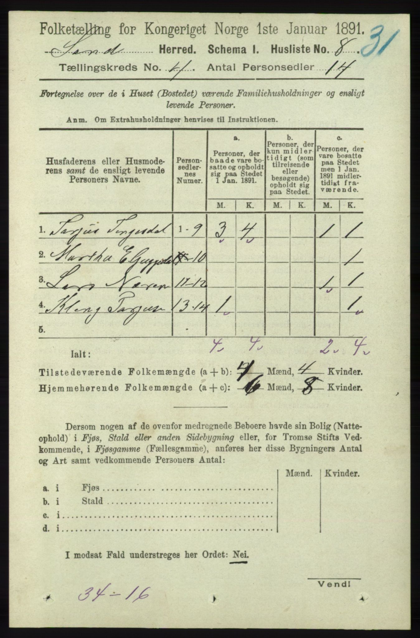 RA, Folketelling 1891 for 1136 Sand herred, 1891, s. 1161