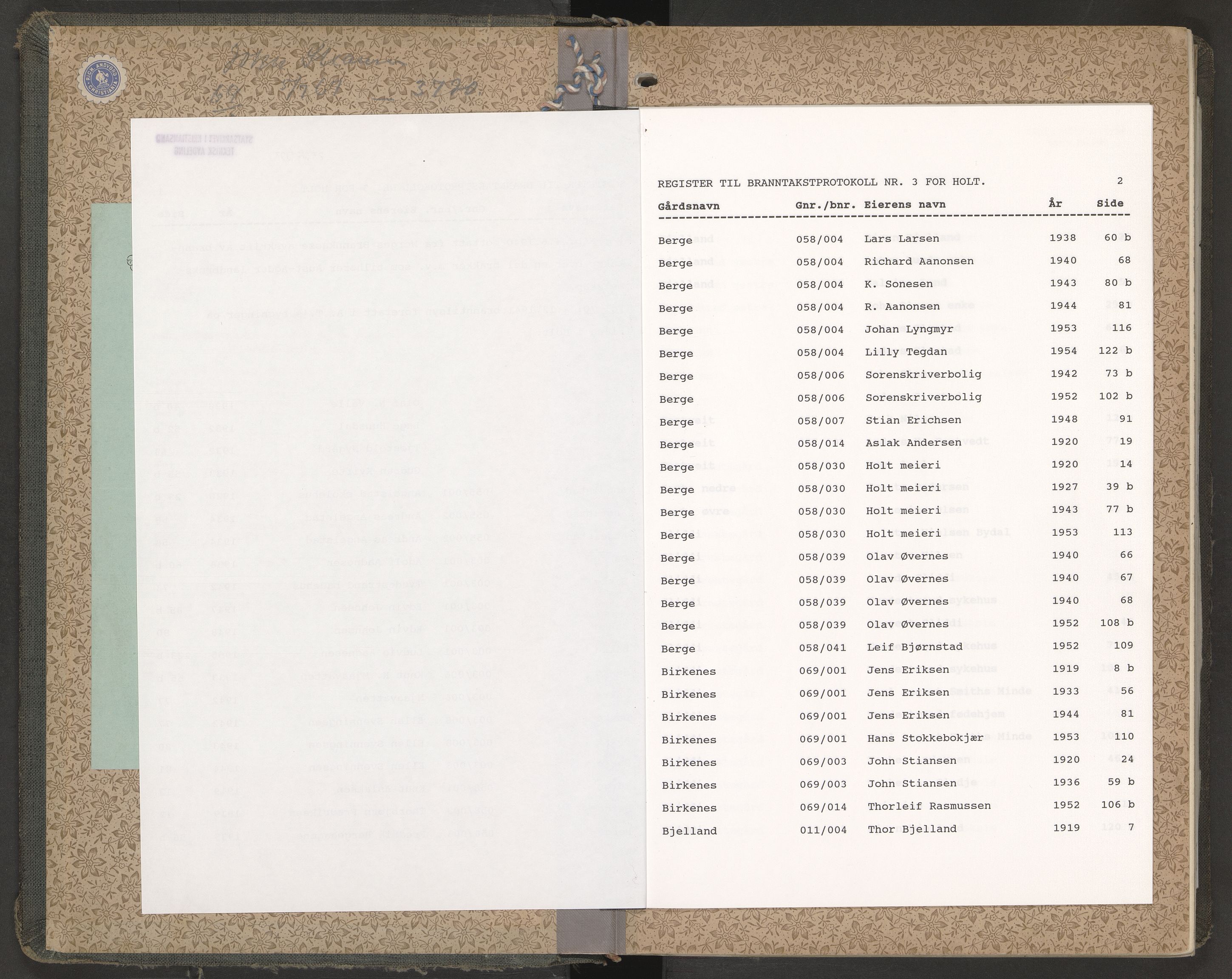 Norges Brannkasse Holt, AV/SAK-2241-0024/F/Fa/L0003: Branntakstprotokoll nr. 3 med gårdsnavnregister, 1919-1955