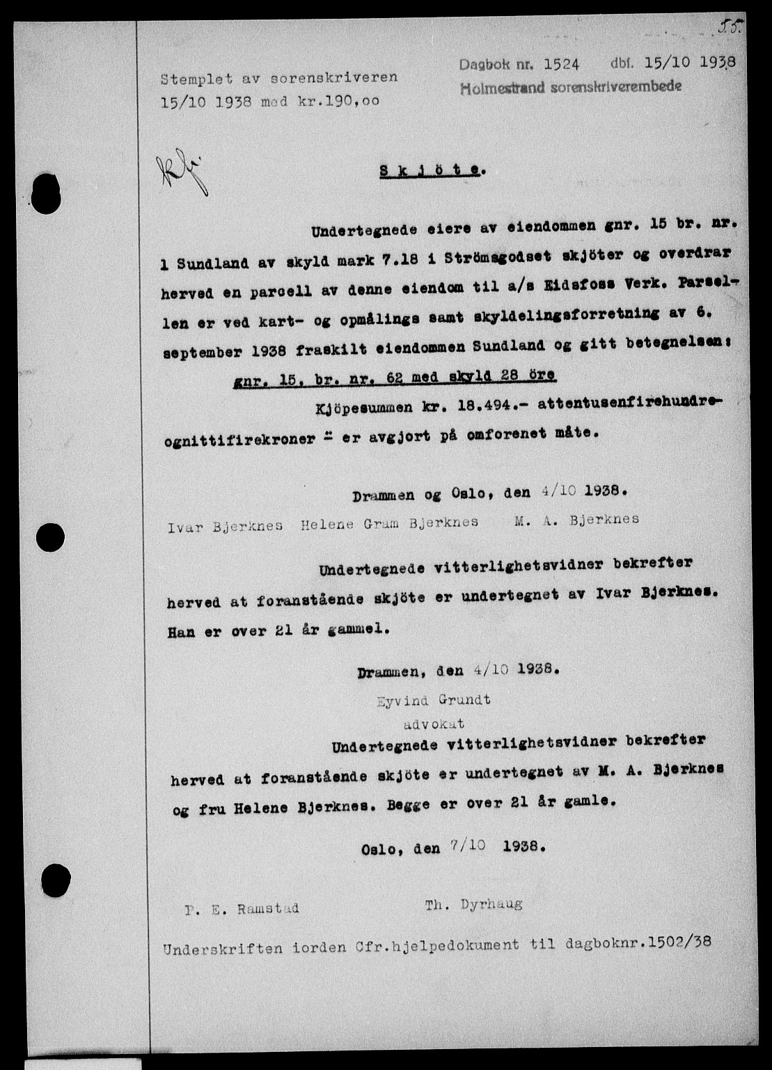 Holmestrand sorenskriveri, SAKO/A-67/G/Ga/Gaa/L0050: Pantebok nr. A-50, 1938-1939, Dagboknr: 1524/1938