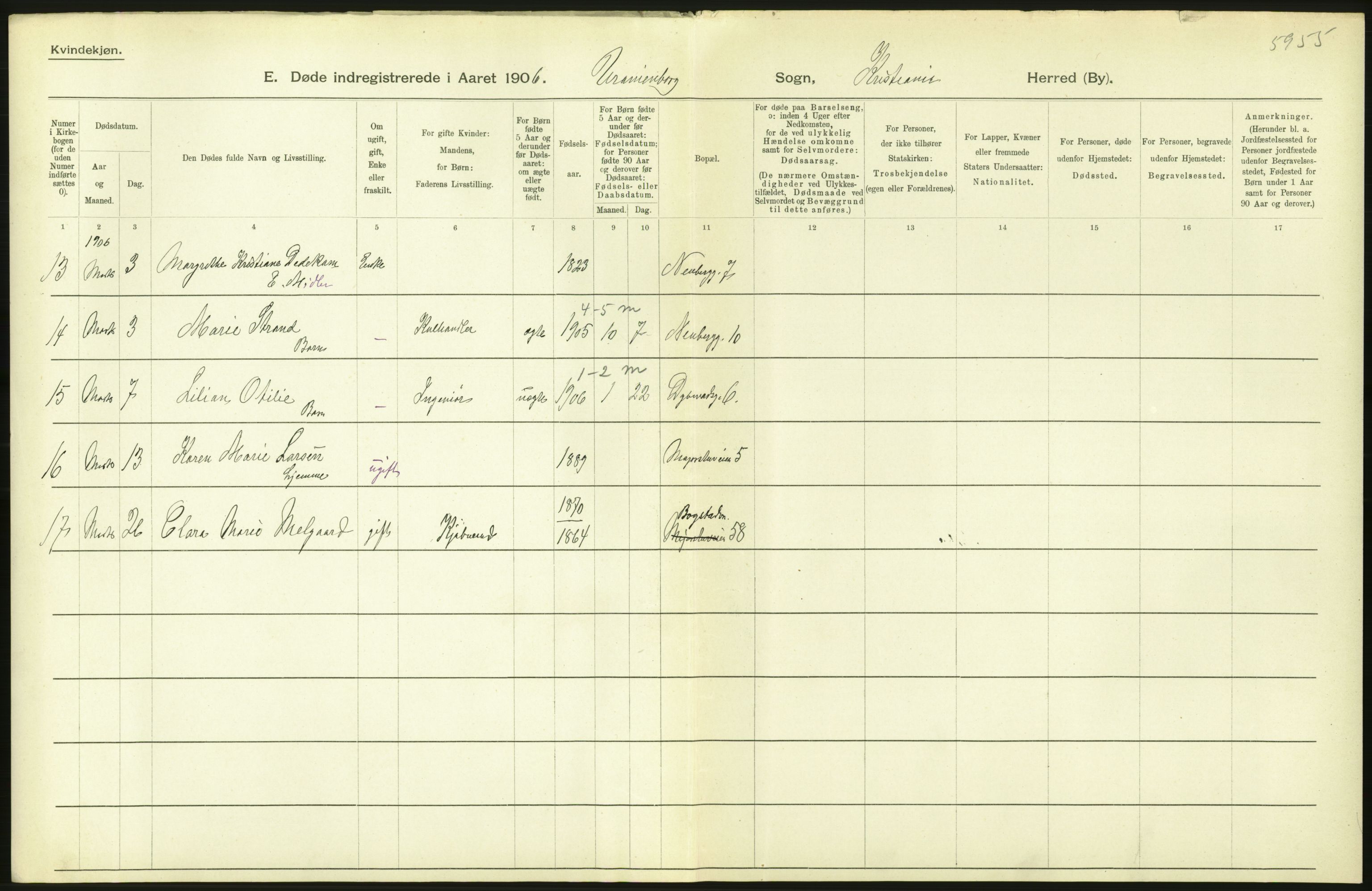 Statistisk sentralbyrå, Sosiodemografiske emner, Befolkning, AV/RA-S-2228/D/Df/Dfa/Dfad/L0009: Kristiania: Døde, 1906, s. 500