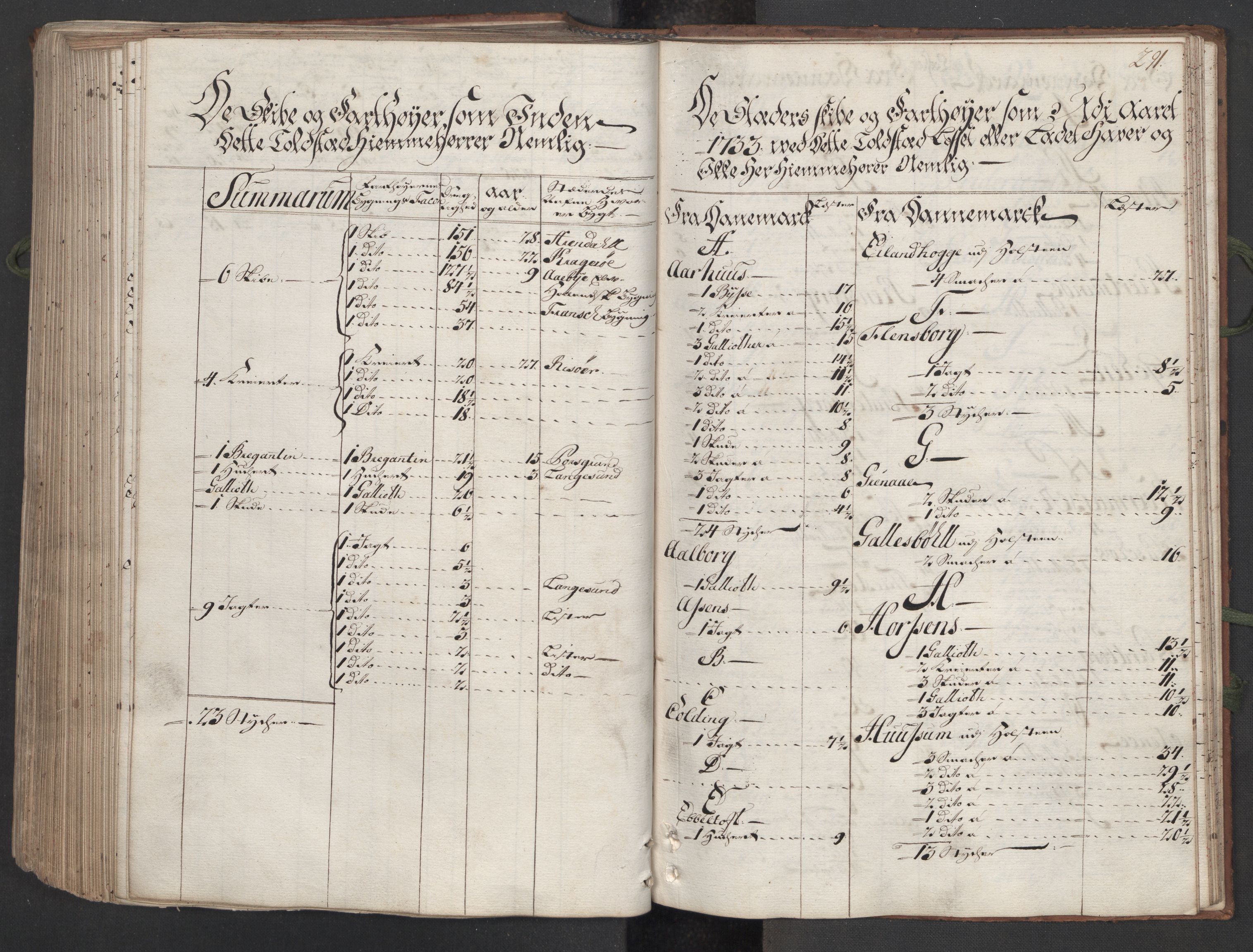 Generaltollkammeret, tollregnskaper, RA/EA-5490/R12/L0009/0001: Tollregnskaper Langesund / Hovedtollbok, 1733, s. 290b-291a