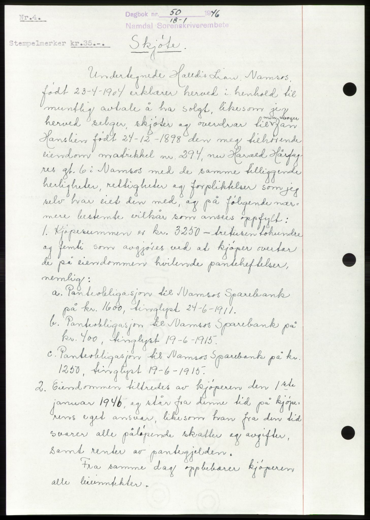 Namdal sorenskriveri, SAT/A-4133/1/2/2C: Pantebok nr. -, 1946-1946, Dagboknr: 50/1946