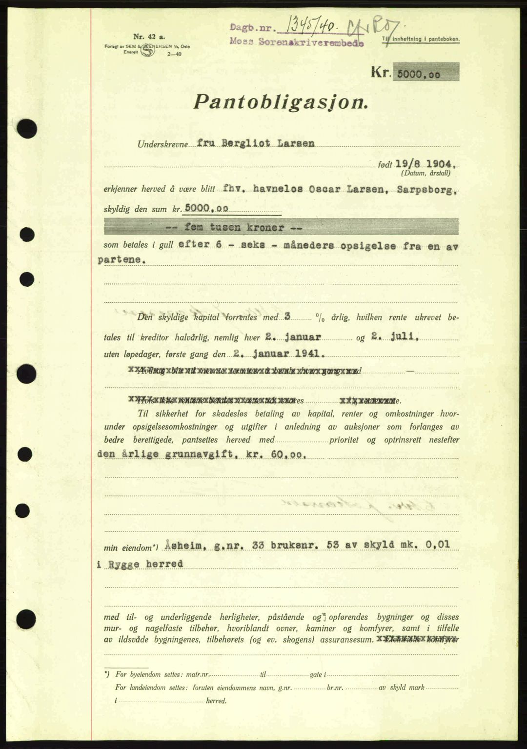 Moss sorenskriveri, SAO/A-10168: Pantebok nr. B10, 1940-1941, Dagboknr: 1345/1940