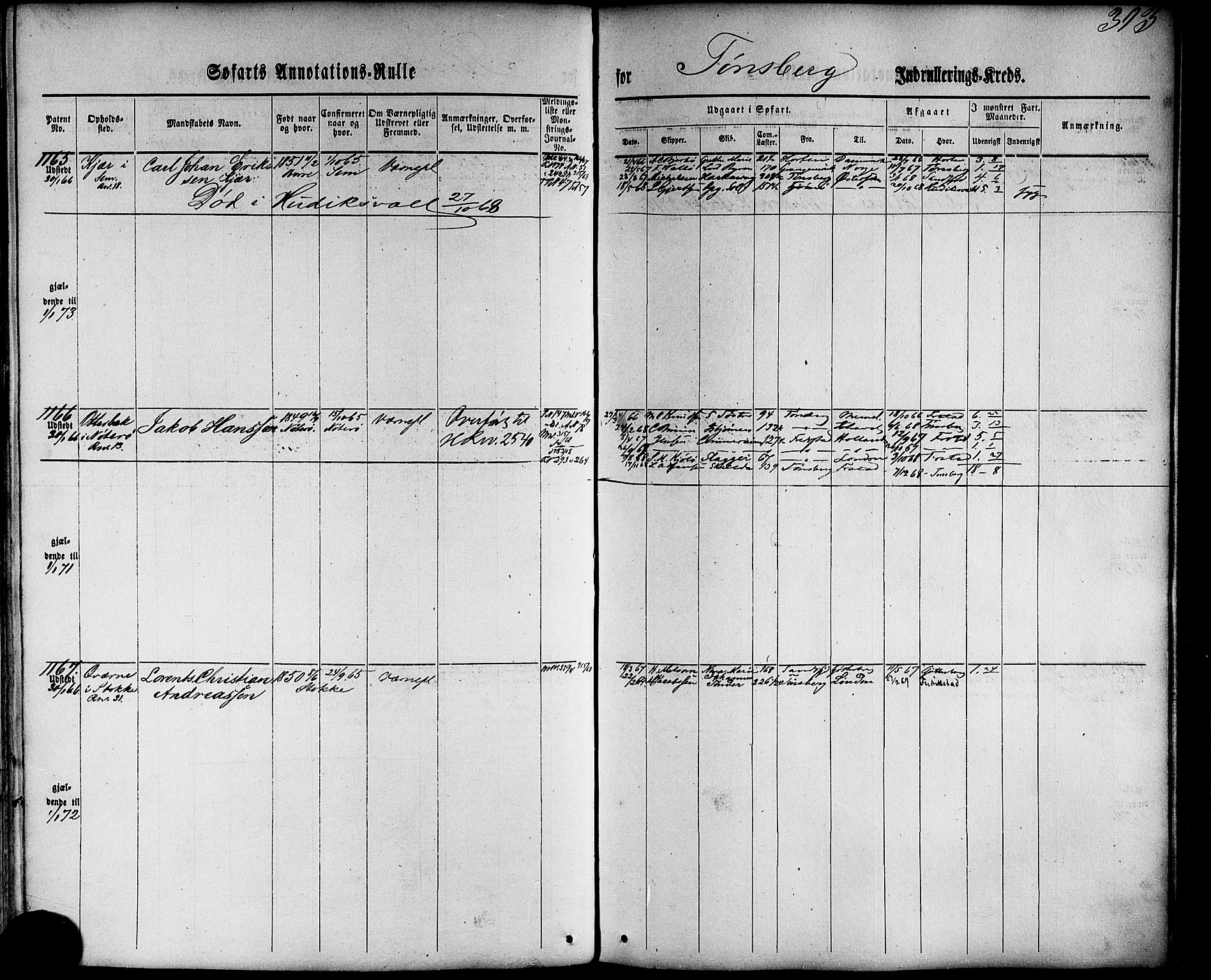 Tønsberg innrulleringskontor, AV/SAKO-A-786/F/Fb/L0001: Annotasjonsrulle Patent nr. 1-1724, 1860-1868, s. 412