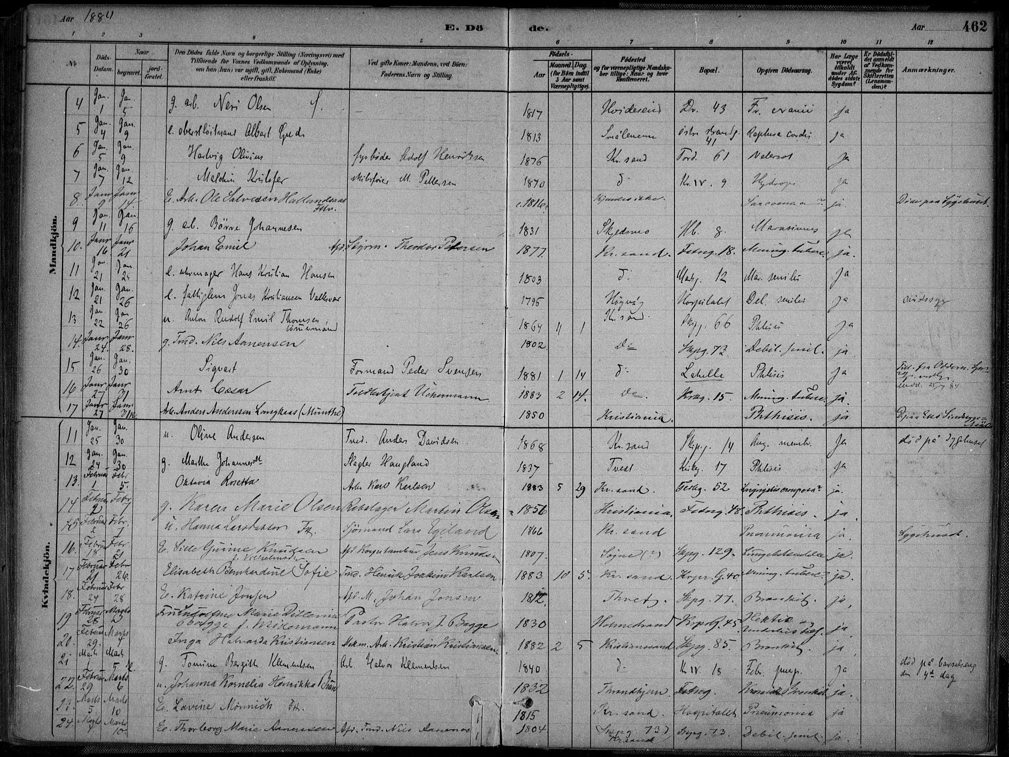 Kristiansand domprosti, AV/SAK-1112-0006/F/Fa/L0017: Ministerialbok nr. A 16B, 1880-1890, s. 462