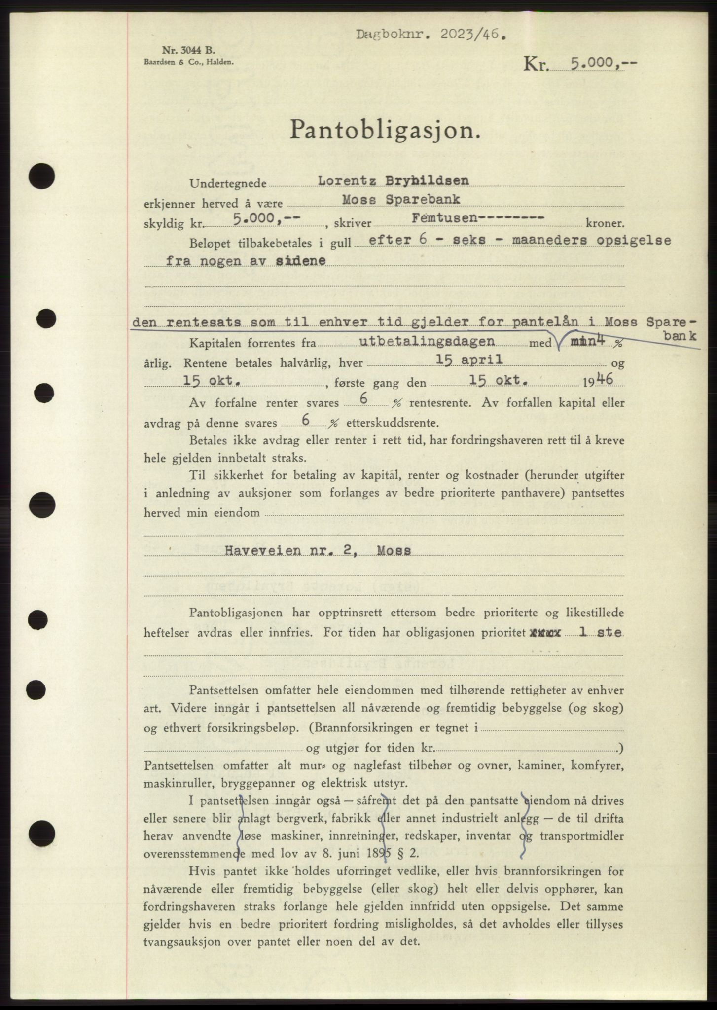 Moss sorenskriveri, SAO/A-10168: Pantebok nr. B15, 1946-1946, Dagboknr: 2023/1946