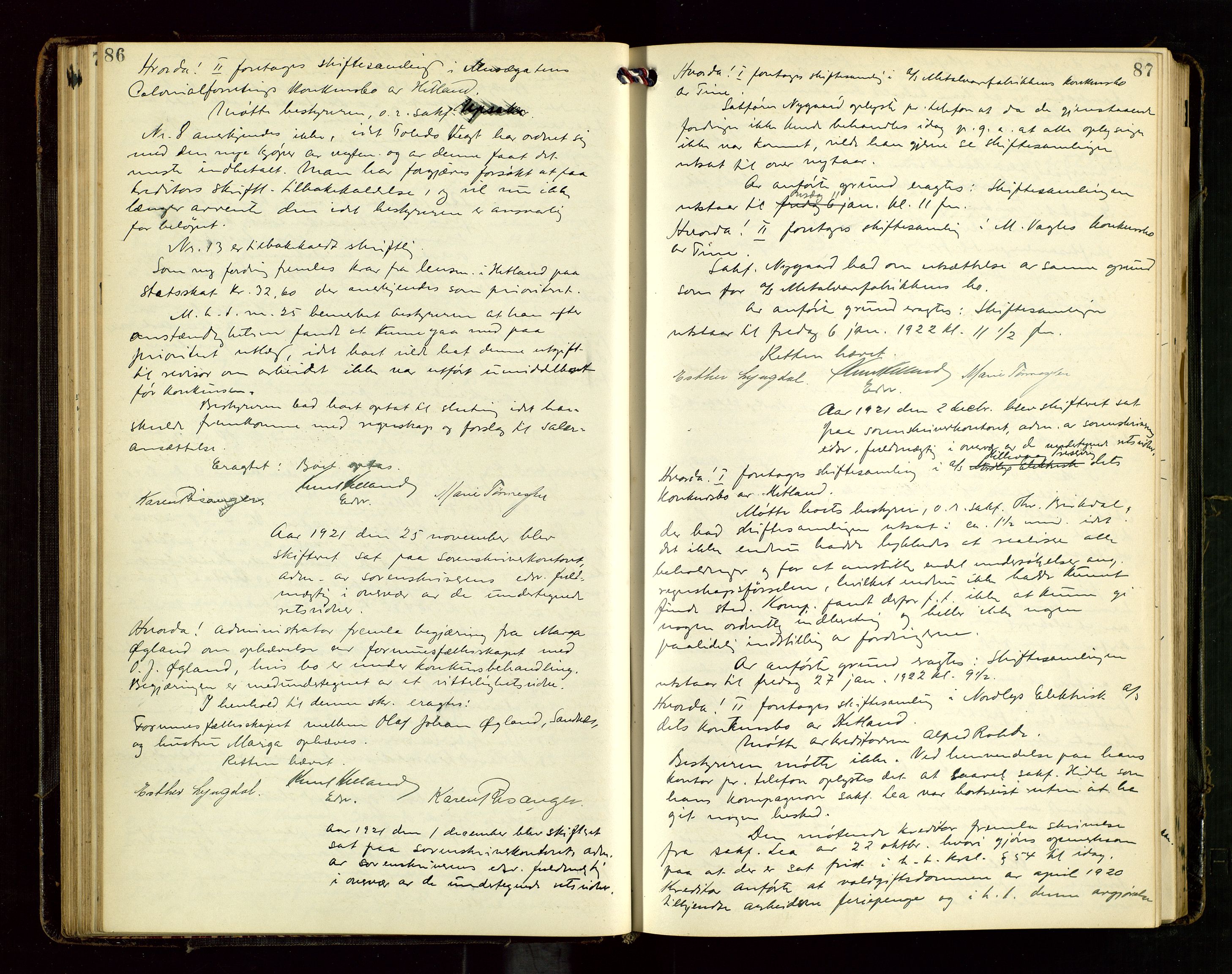 Jæren sorenskriveri, AV/SAST-A-100310/02/G/Gc/L0001: Skifteforhandlingsprotokoll nr. 7 - konkurs, 1921-1926, s. 86-87