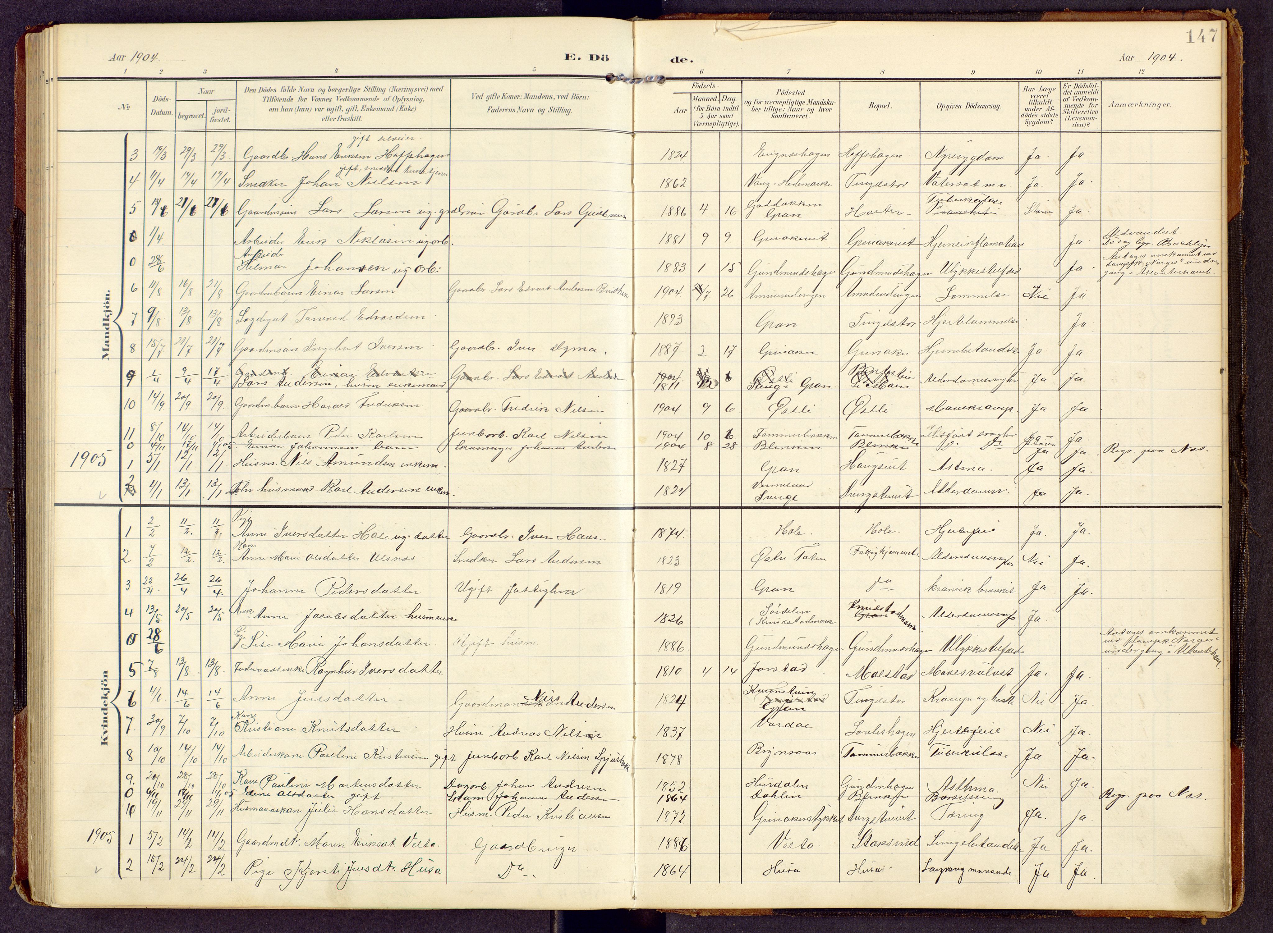 Brandbu prestekontor, AV/SAH-PREST-114/H/Ha/Hab/L0009: Klokkerbok nr. 9, 1903-1916, s. 147
