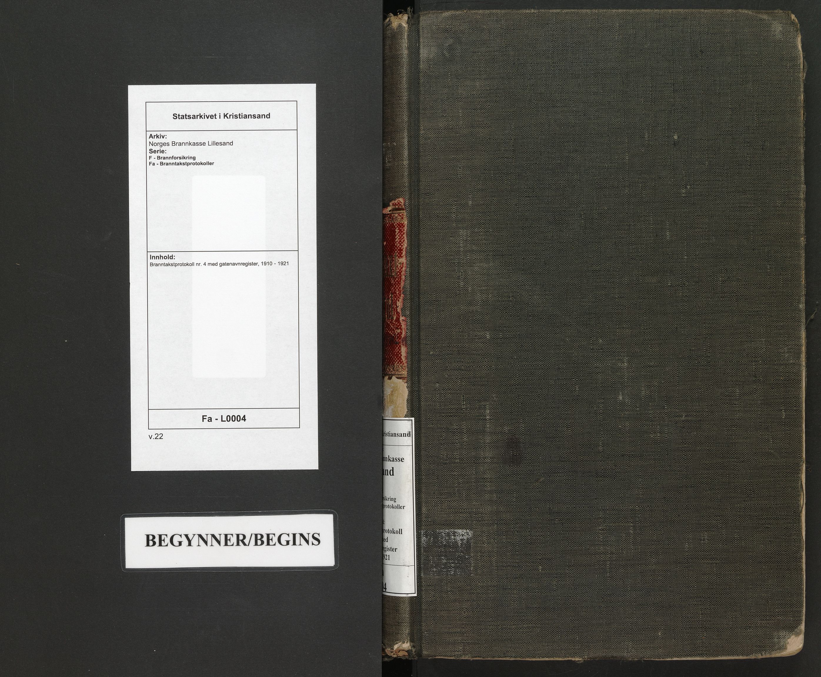 Norges Brannkasse Lillesand, SAK/2241-0033/F/Fa/L0004: Branntakstprotokoll nr. 4 med gatenavnregister, 1910-1921