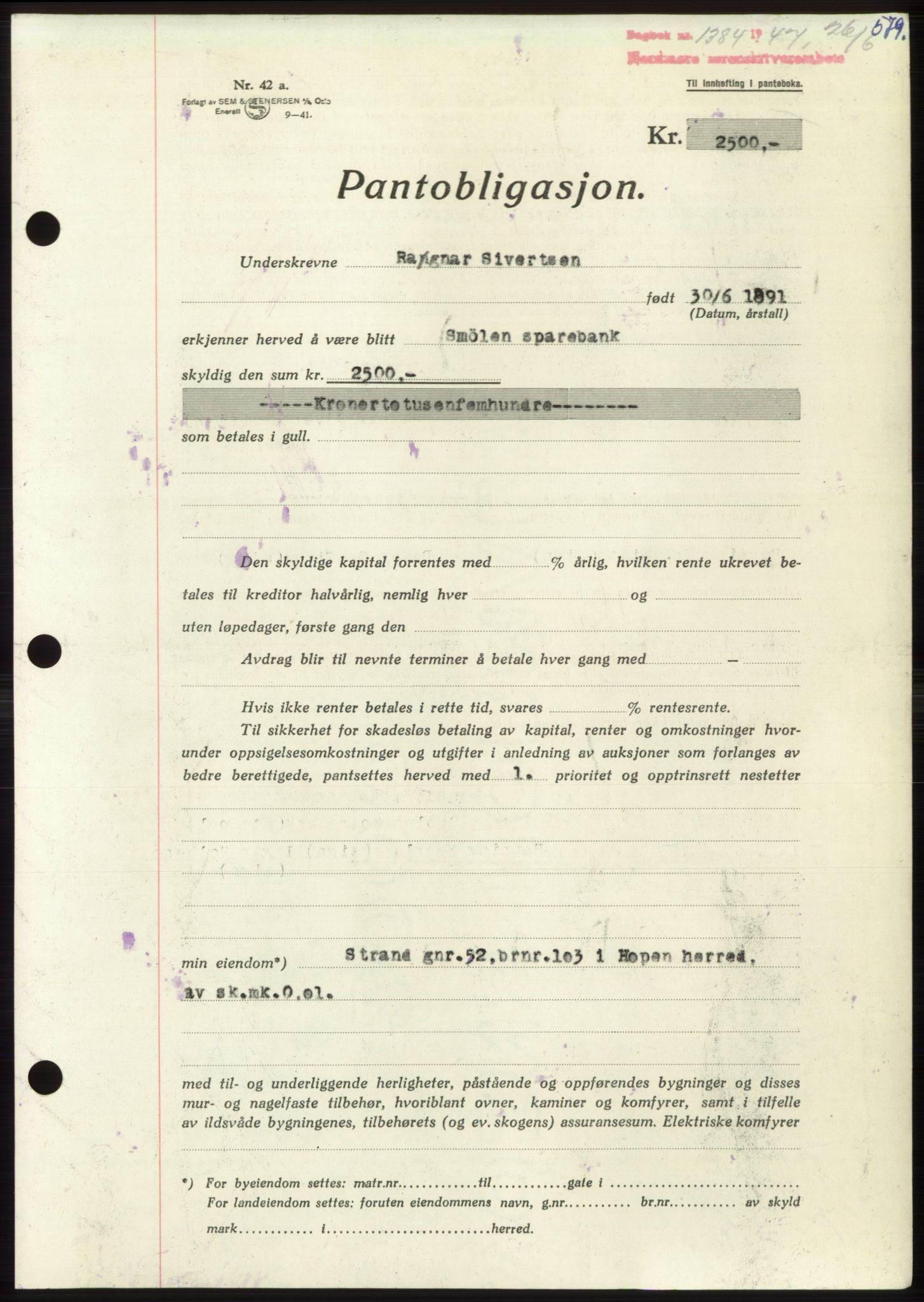 Nordmøre sorenskriveri, SAT/A-4132/1/2/2Ca: Pantebok nr. B96, 1947-1947, Dagboknr: 1384/1947