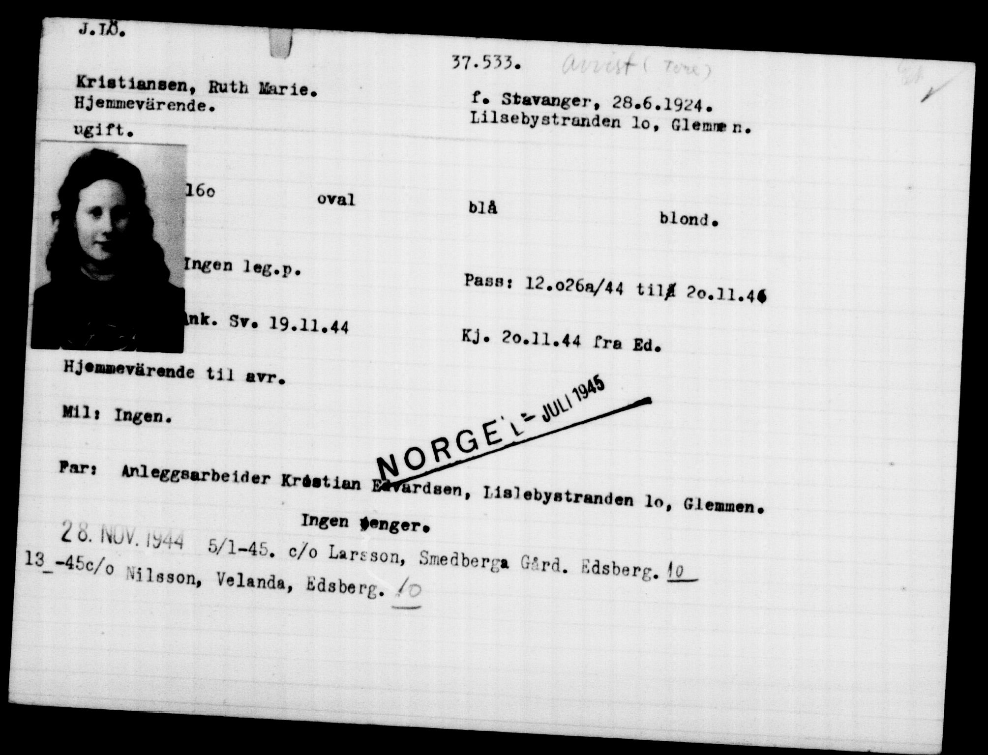 Utenriksstasjonene, Legasjonen i Stockholm, Flyktningkontoret, AV/RA-S-6753/V/Va/L0014: Kjesäterkartoteket, flyktninger med registreringsnr. 34700-37855, 1940-1945, s. 2979