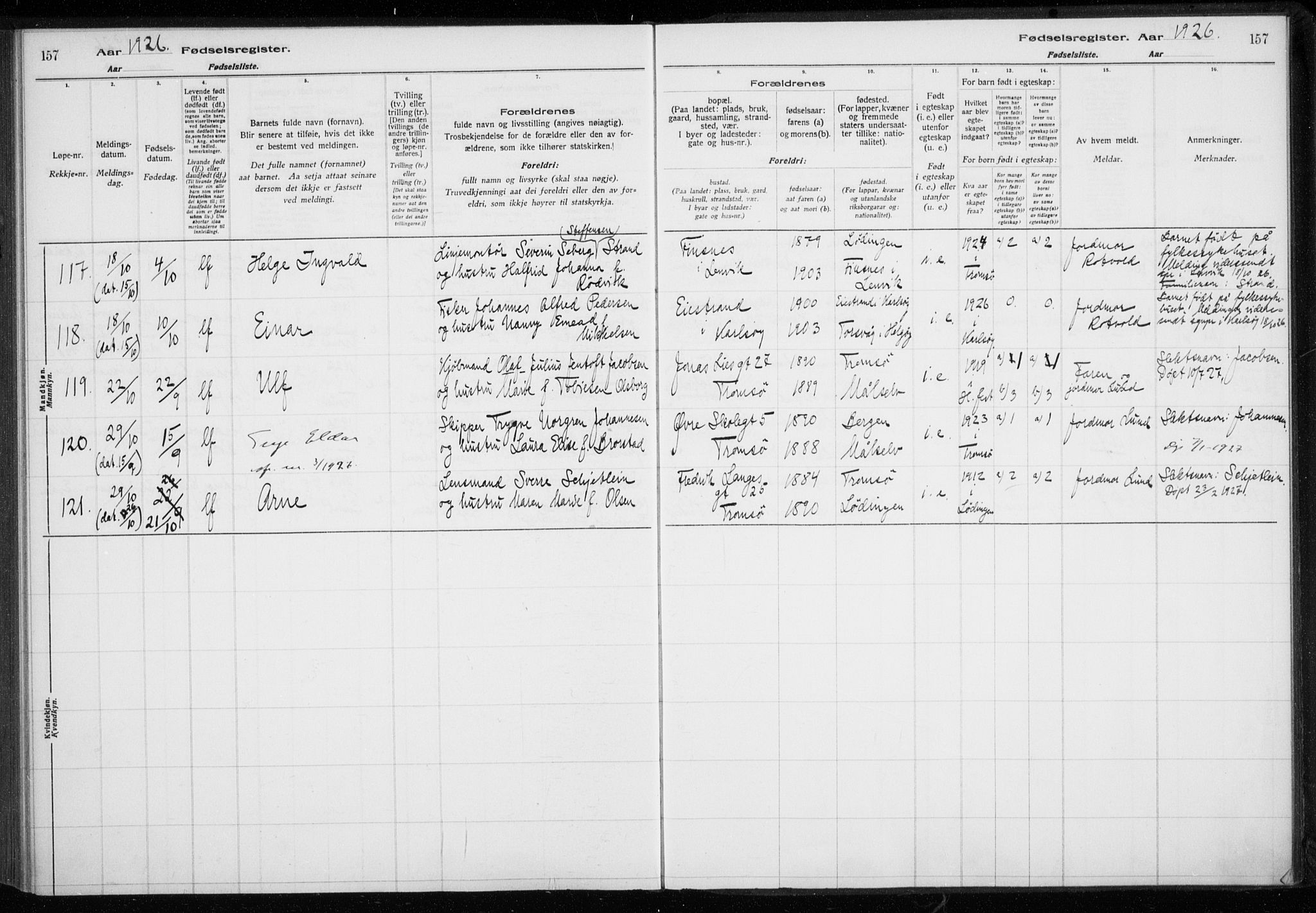 Tromsø sokneprestkontor/stiftsprosti/domprosti, AV/SATØ-S-1343/H/Ha/L0132: Fødselsregister nr. 132, 1921-1927, s. 157