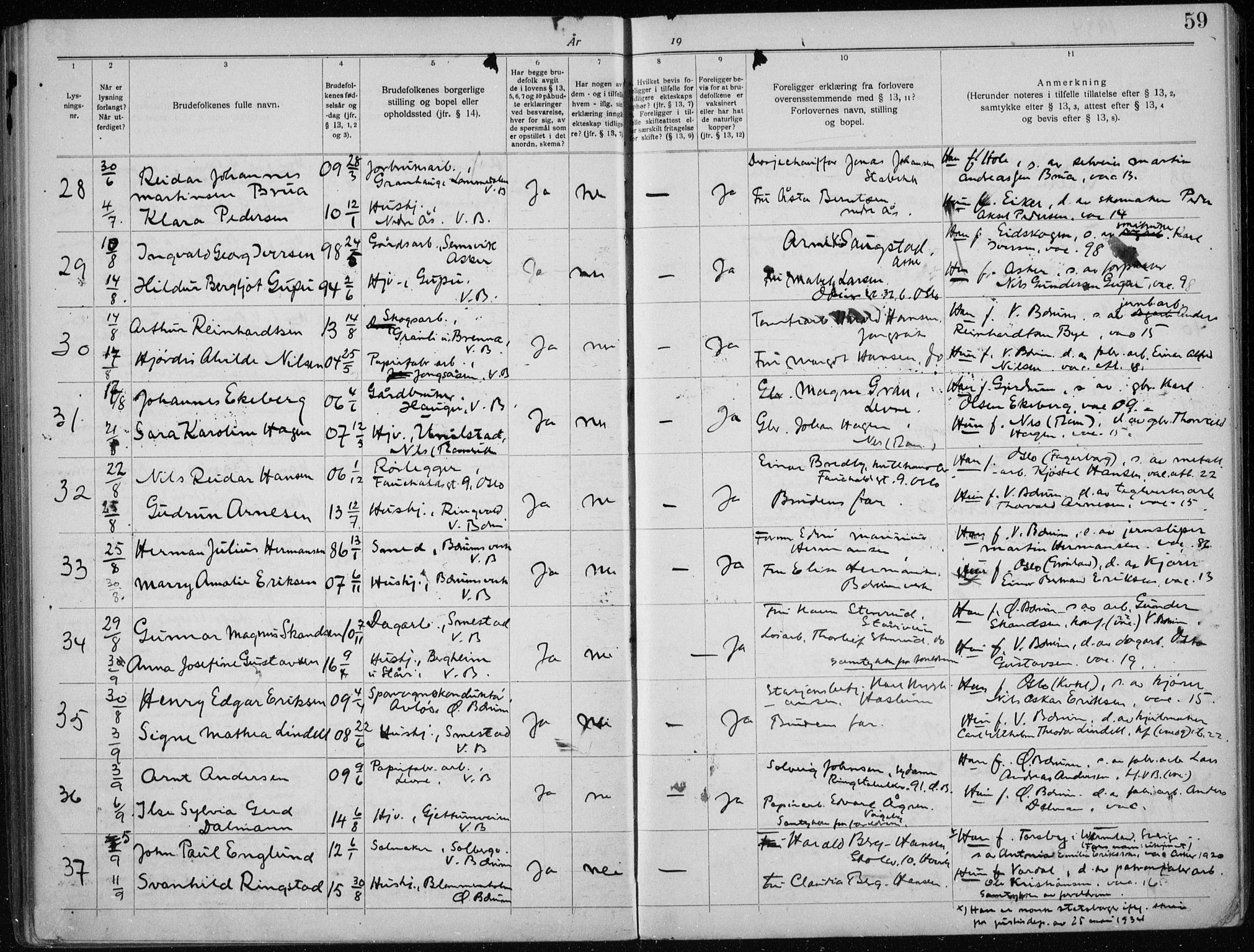 Vestre Bærum prestekontor Kirkebøker, AV/SAO-A-10209a/H/L0001: Lysningsprotokoll nr. 1, 1919-1941, s. 59