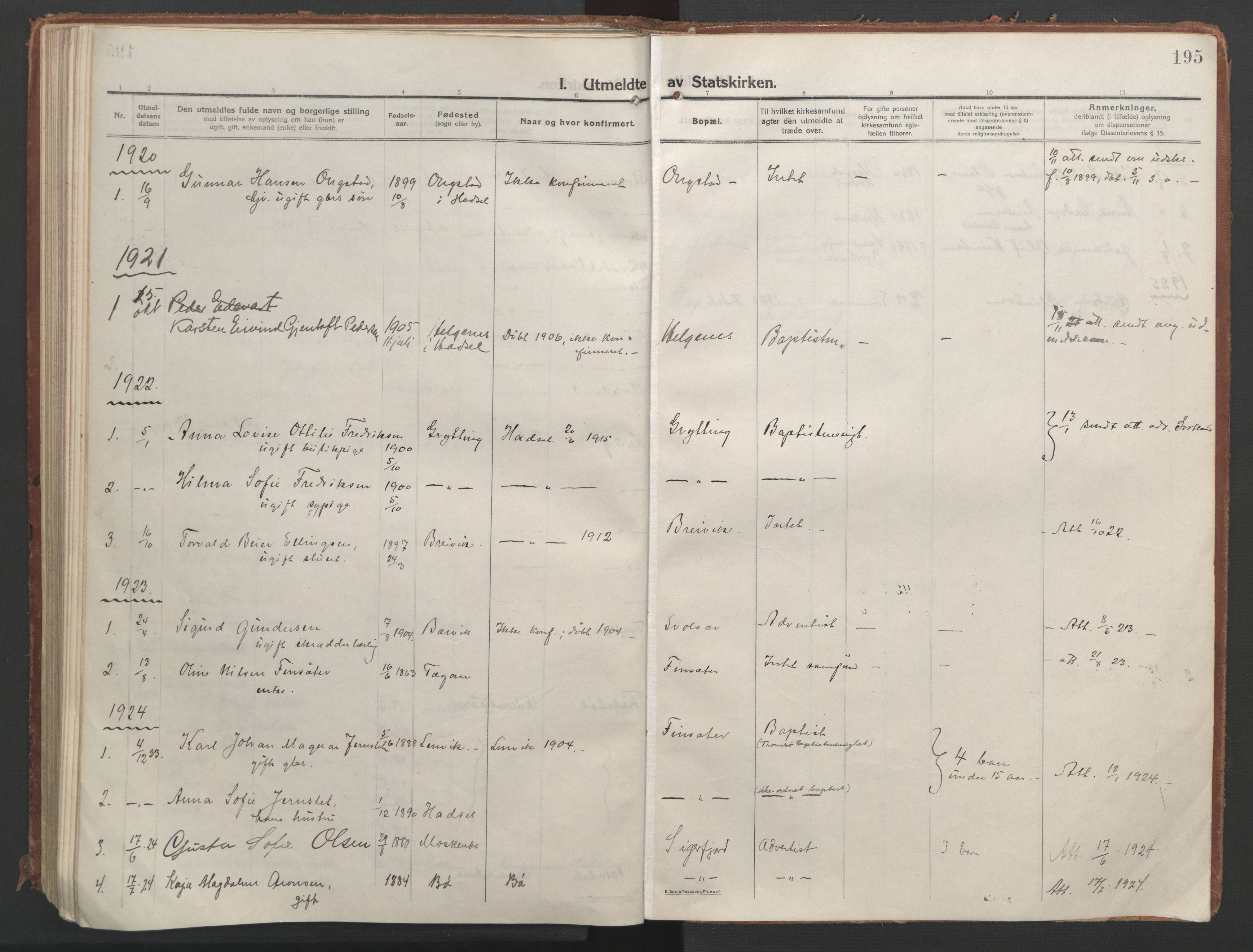 Ministerialprotokoller, klokkerbøker og fødselsregistre - Nordland, AV/SAT-A-1459/888/L1250: Ministerialbok nr. 888A16, 1913-1925, s. 195