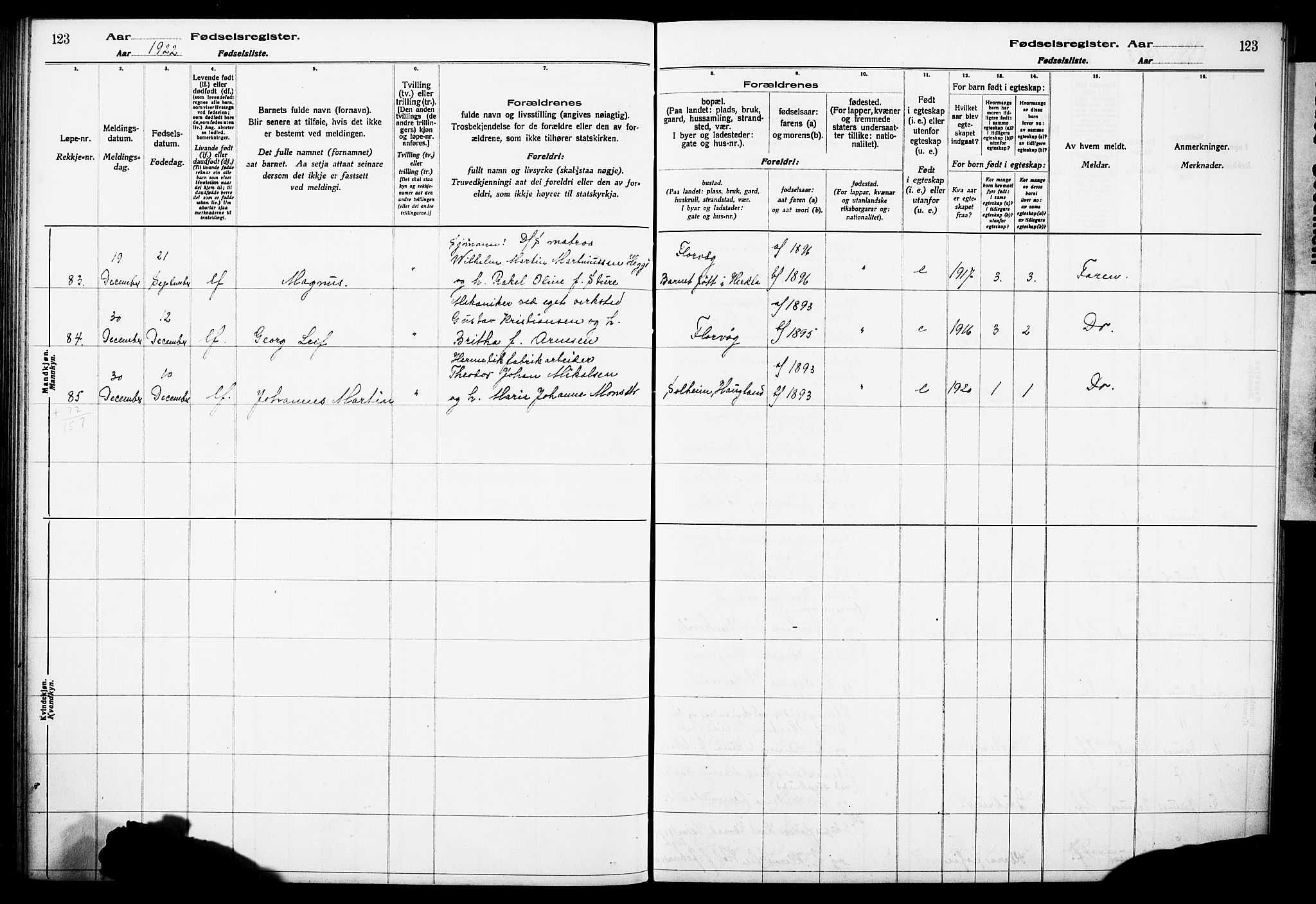 Askøy Sokneprestembete, AV/SAB-A-74101/I/Id/L00A1: Fødselsregister nr. A 1, 1916-1928, s. 123