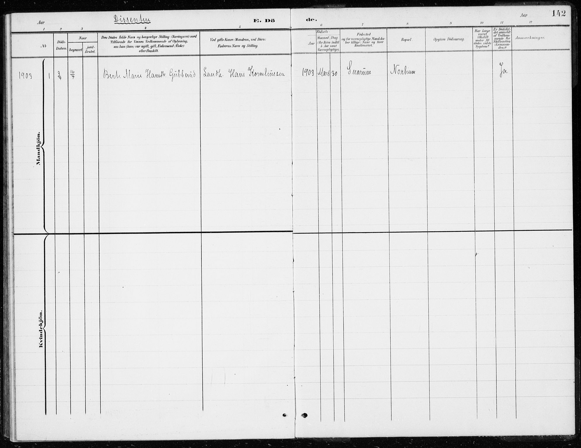 Modum kirkebøker, AV/SAKO-A-234/G/Gd/L0001: Klokkerbok nr. IV 1, 1901-1921, s. 142