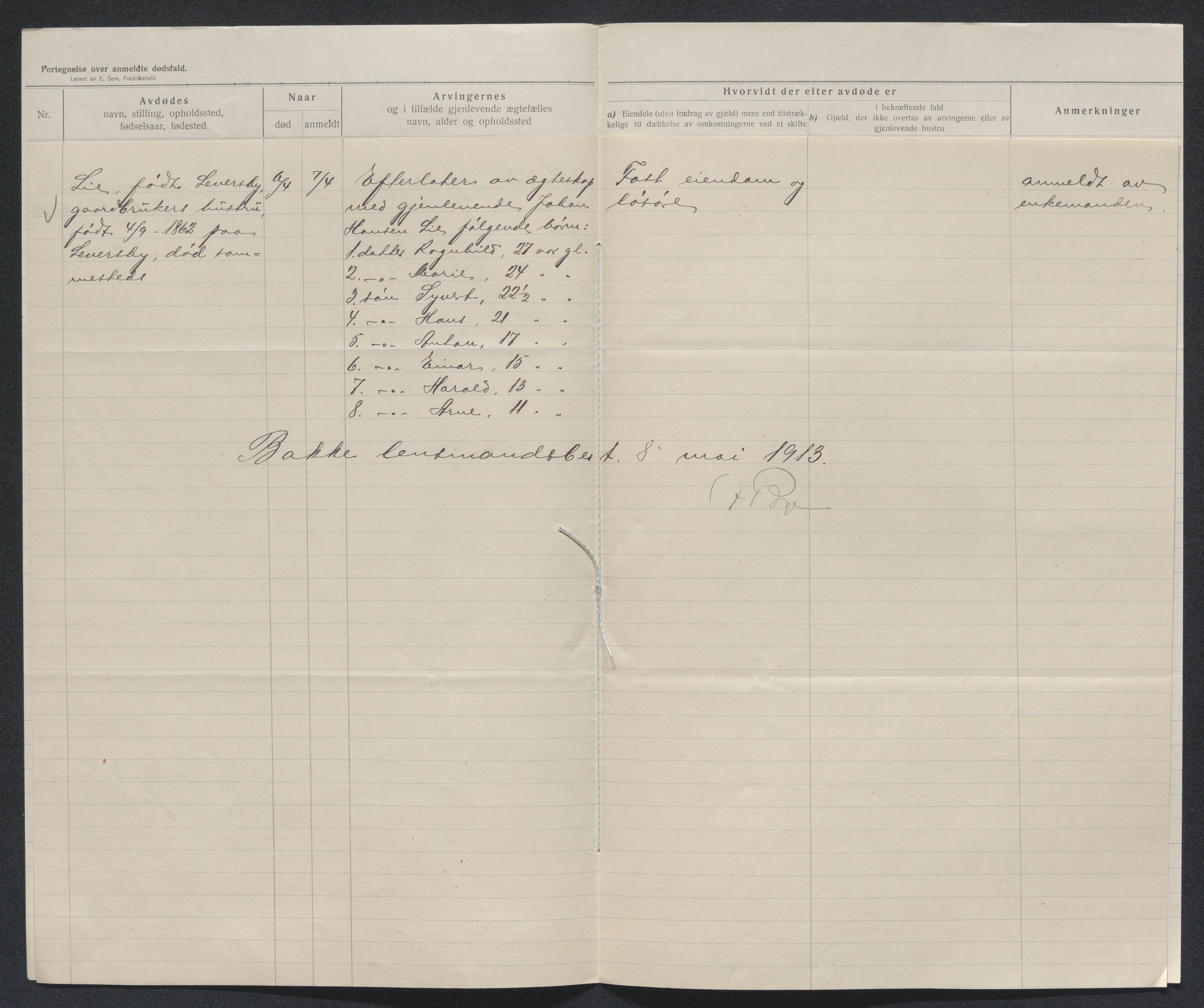 Eiker, Modum og Sigdal sorenskriveri, AV/SAKO-A-123/H/Ha/Hab/L0036: Dødsfallsmeldinger, 1913, s. 454