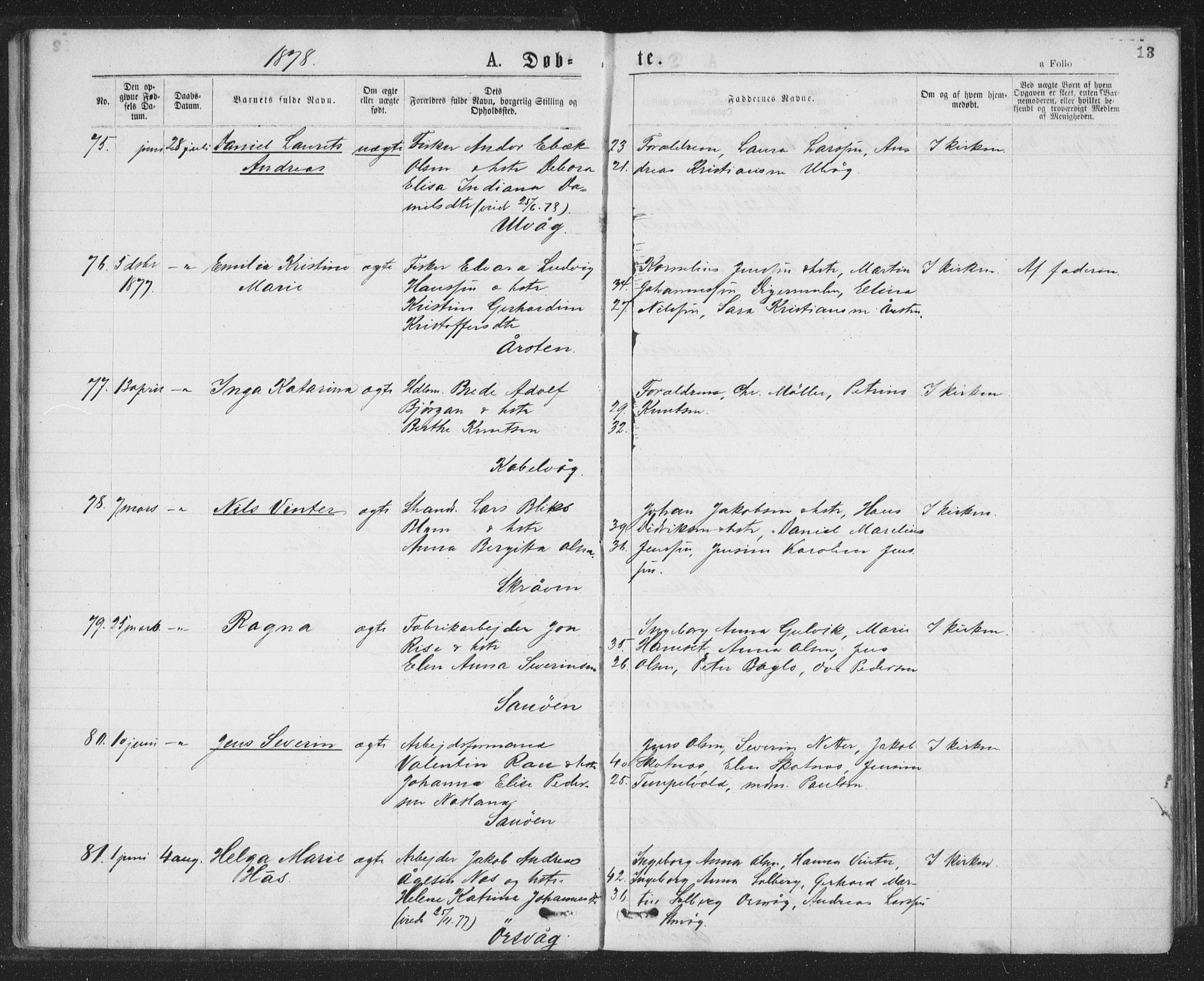 Ministerialprotokoller, klokkerbøker og fødselsregistre - Nordland, AV/SAT-A-1459/874/L1058: Ministerialbok nr. 874A02, 1878-1883, s. 13