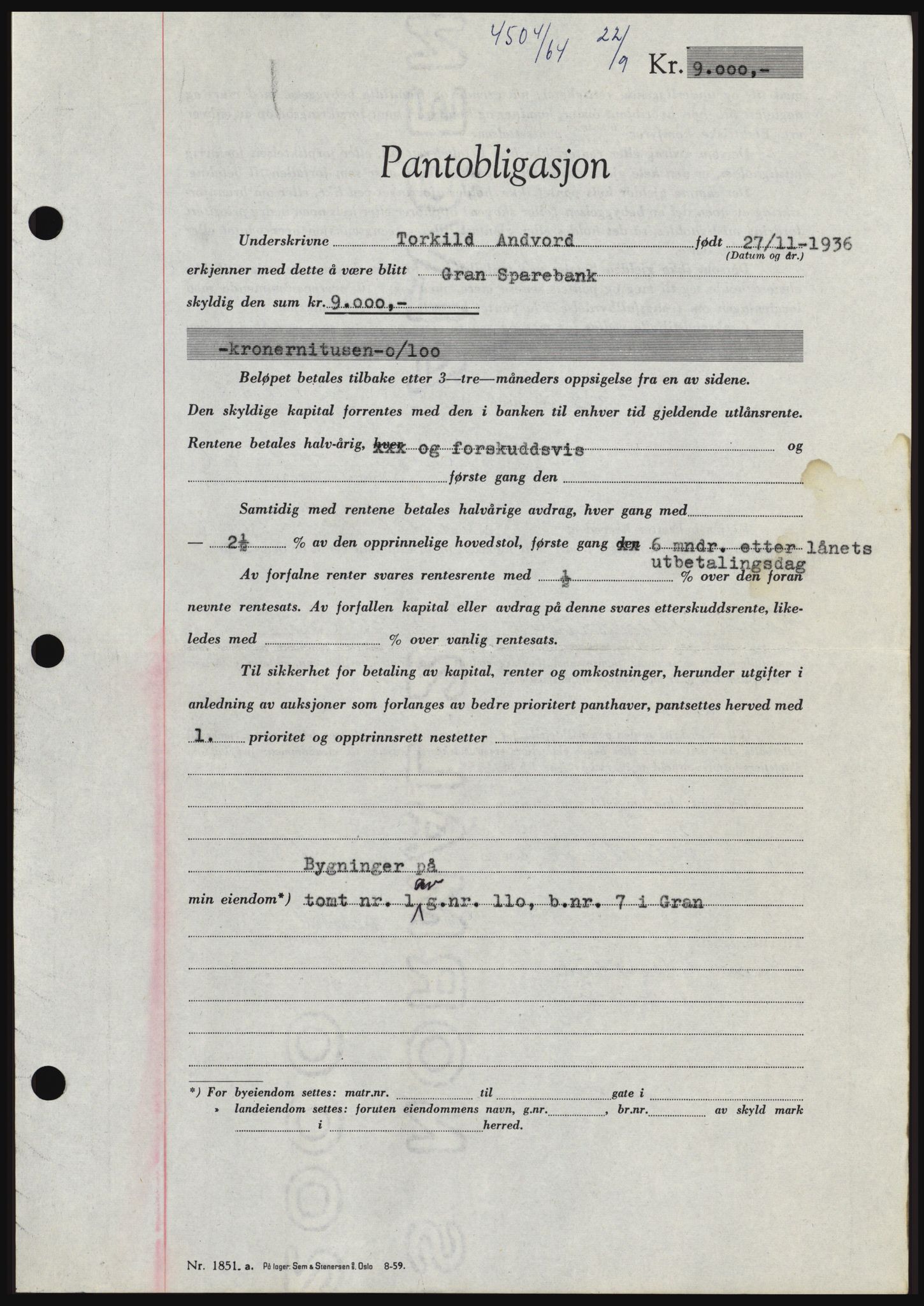 Hadeland og Land tingrett, SAH/TING-010/H/Hb/Hbc/L0056: Pantebok nr. B56, 1964-1964, Dagboknr: 4504/1964