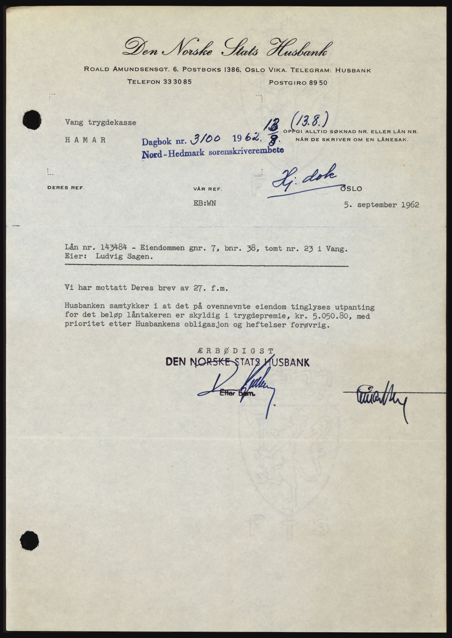 Nord-Hedmark sorenskriveri, SAH/TING-012/H/Hc/L0016: Pantebok nr. 16, 1962-1962, Dagboknr: 3100/1962