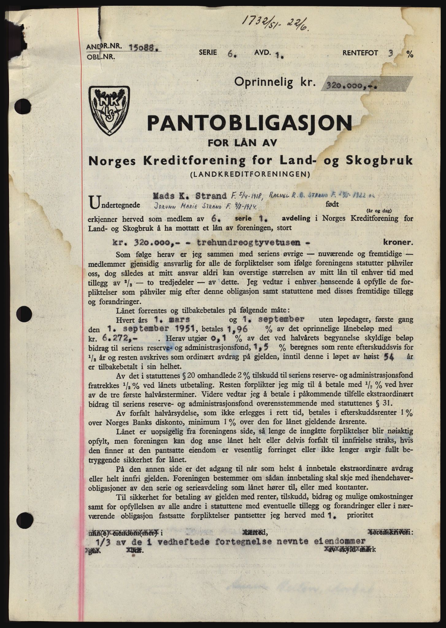 Hadeland og Land tingrett, SAH/TING-010/H/Hb/Hbc/L0021: Pantebok nr. B21, 1951-1951, Dagboknr: 1732/1951