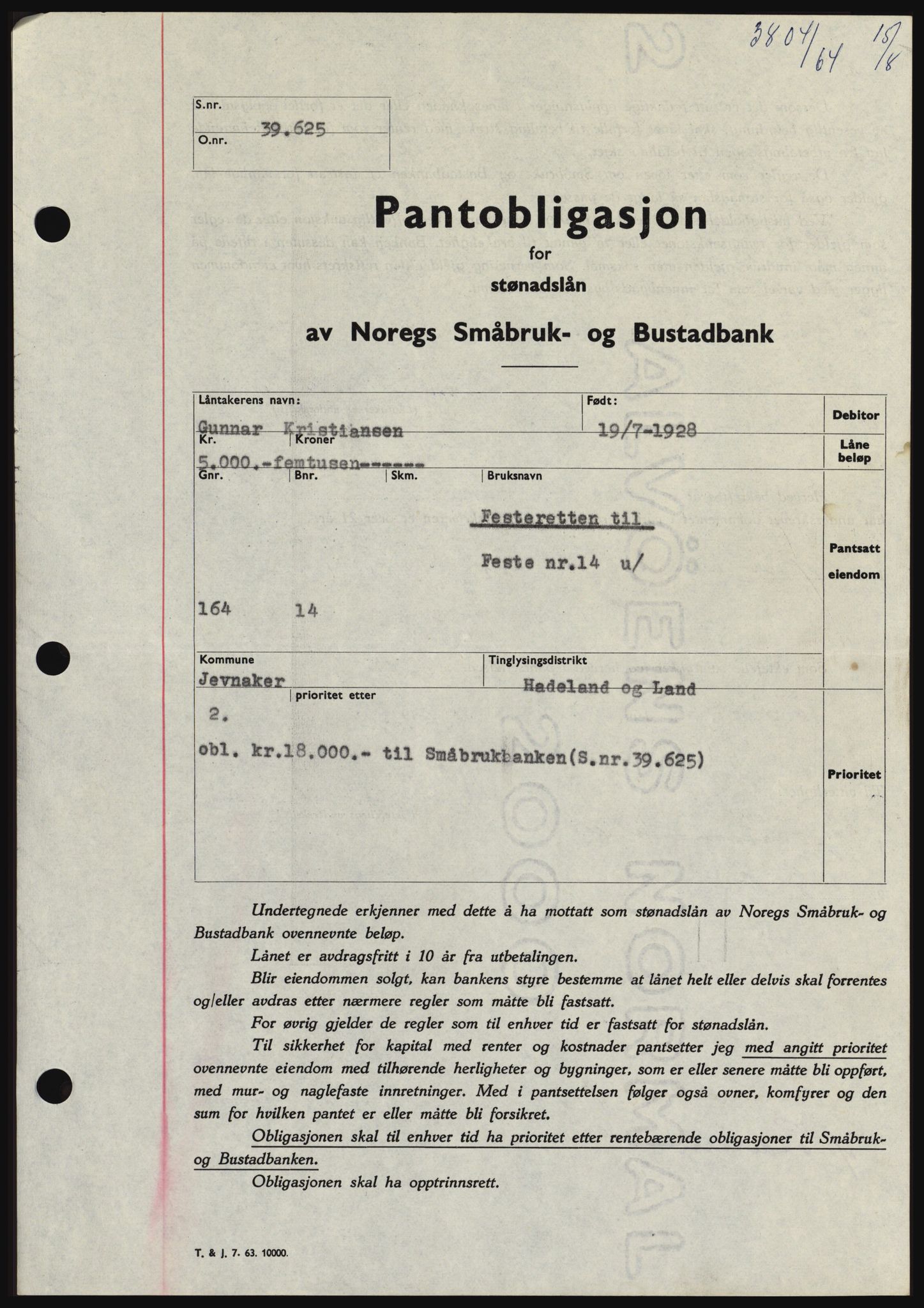Hadeland og Land tingrett, SAH/TING-010/H/Hb/Hbc/L0055: Pantebok nr. B55, 1964-1964, Dagboknr: 3804/1964