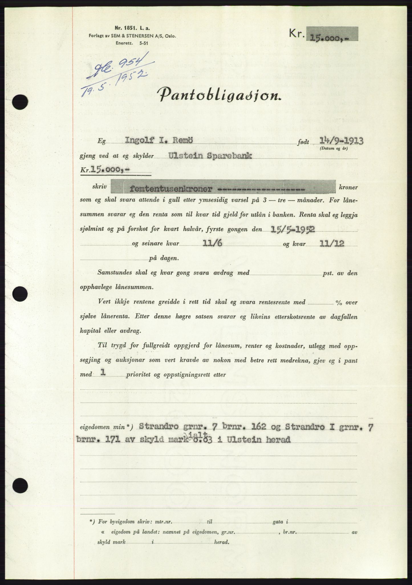 Søre Sunnmøre sorenskriveri, AV/SAT-A-4122/1/2/2C/L0121: Pantebok nr. 9B, 1951-1952, Dagboknr: 954/1952