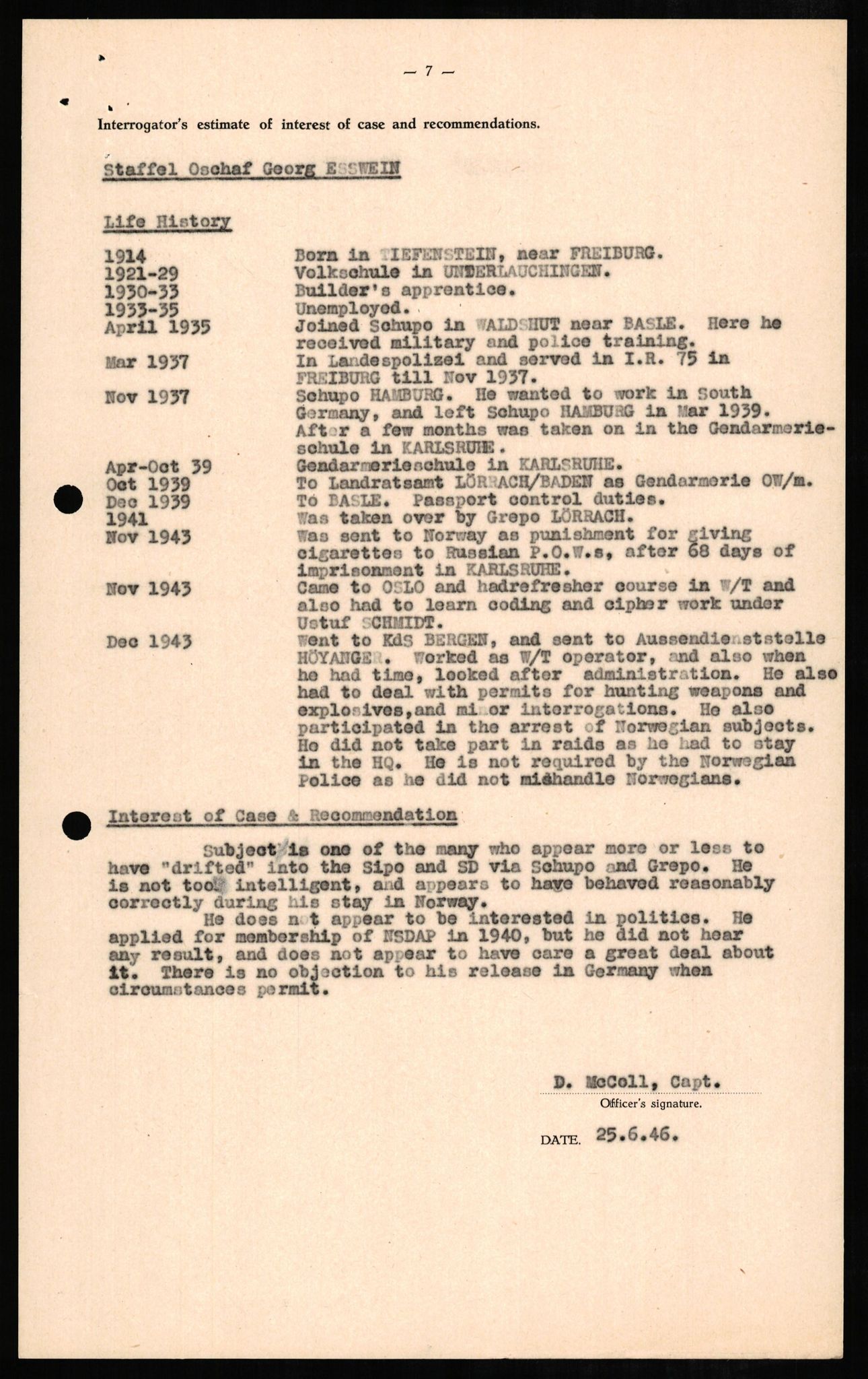 Forsvaret, Forsvarets overkommando II, RA/RAFA-3915/D/Db/L0007: CI Questionaires. Tyske okkupasjonsstyrker i Norge. Tyskere., 1945-1946, s. 327