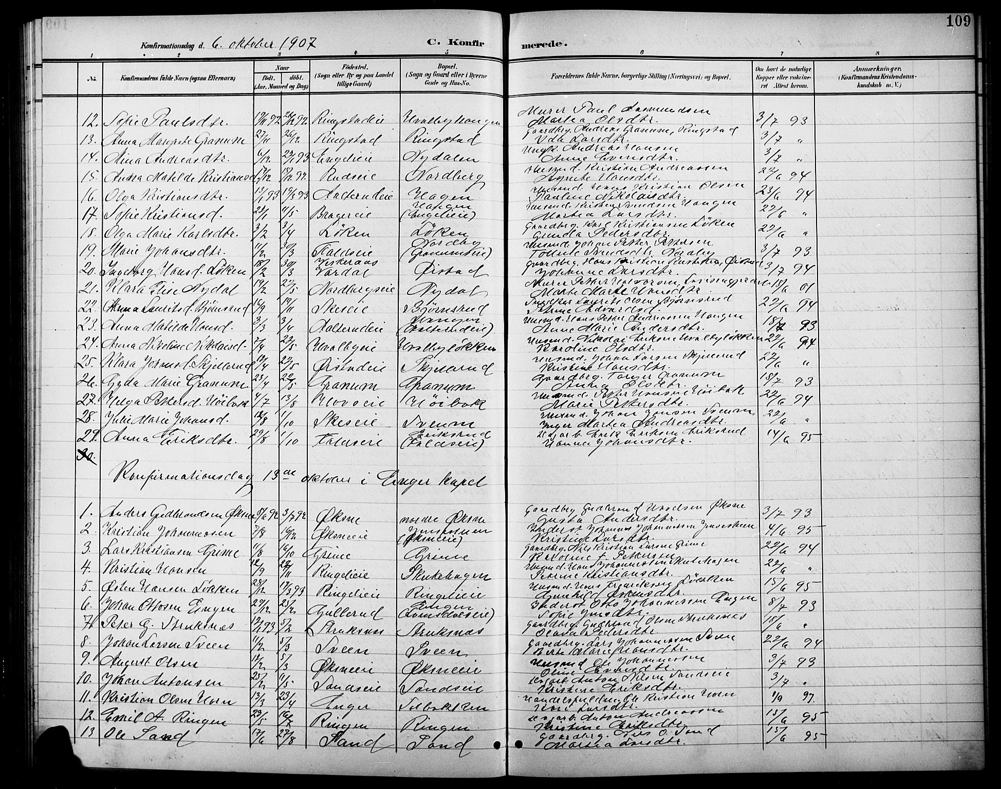 Søndre Land prestekontor, AV/SAH-PREST-122/L/L0004: Klokkerbok nr. 4, 1901-1915, s. 109