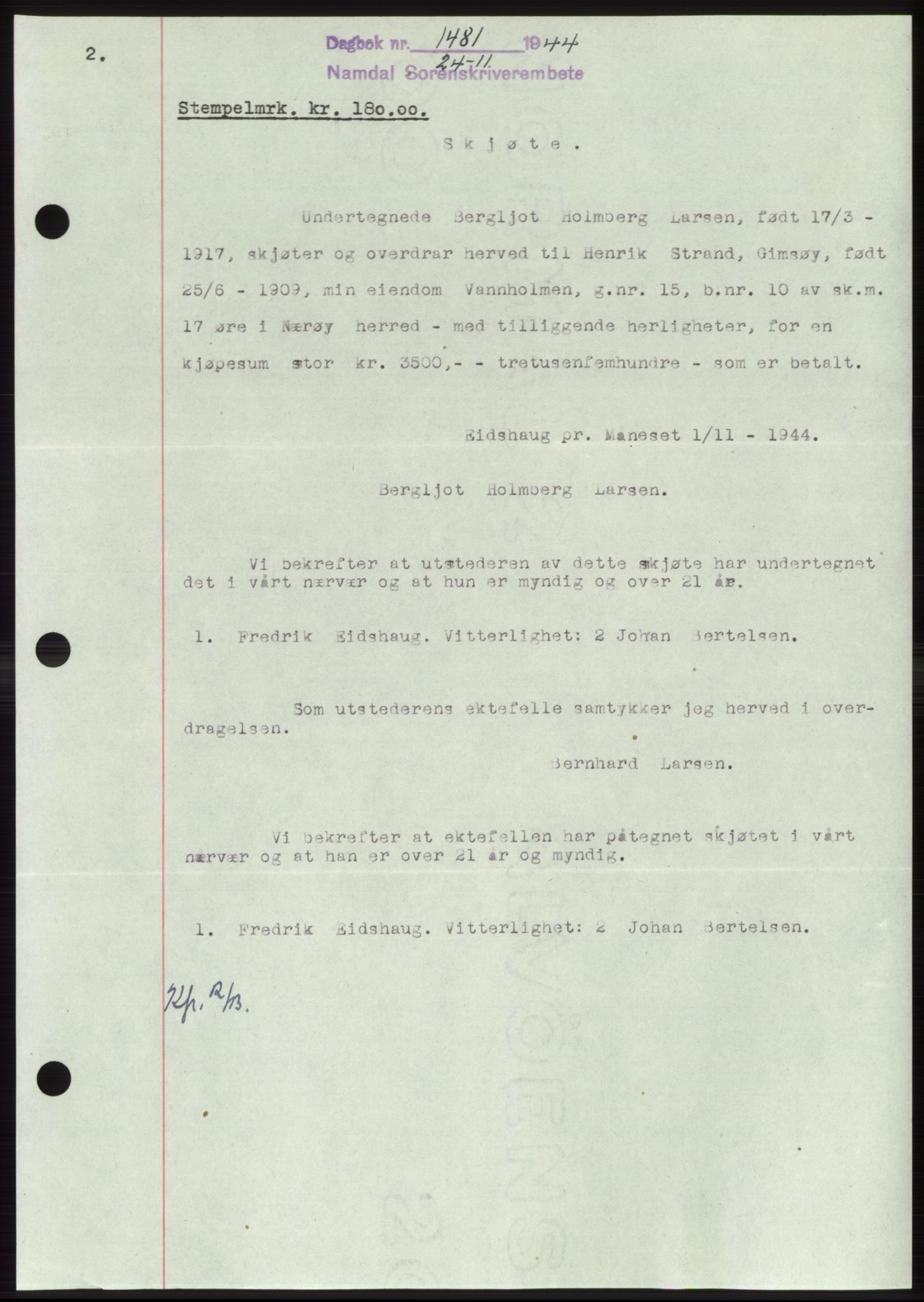 Namdal sorenskriveri, SAT/A-4133/1/2/2C: Pantebok nr. -, 1944-1945, Dagboknr: 1481/1944