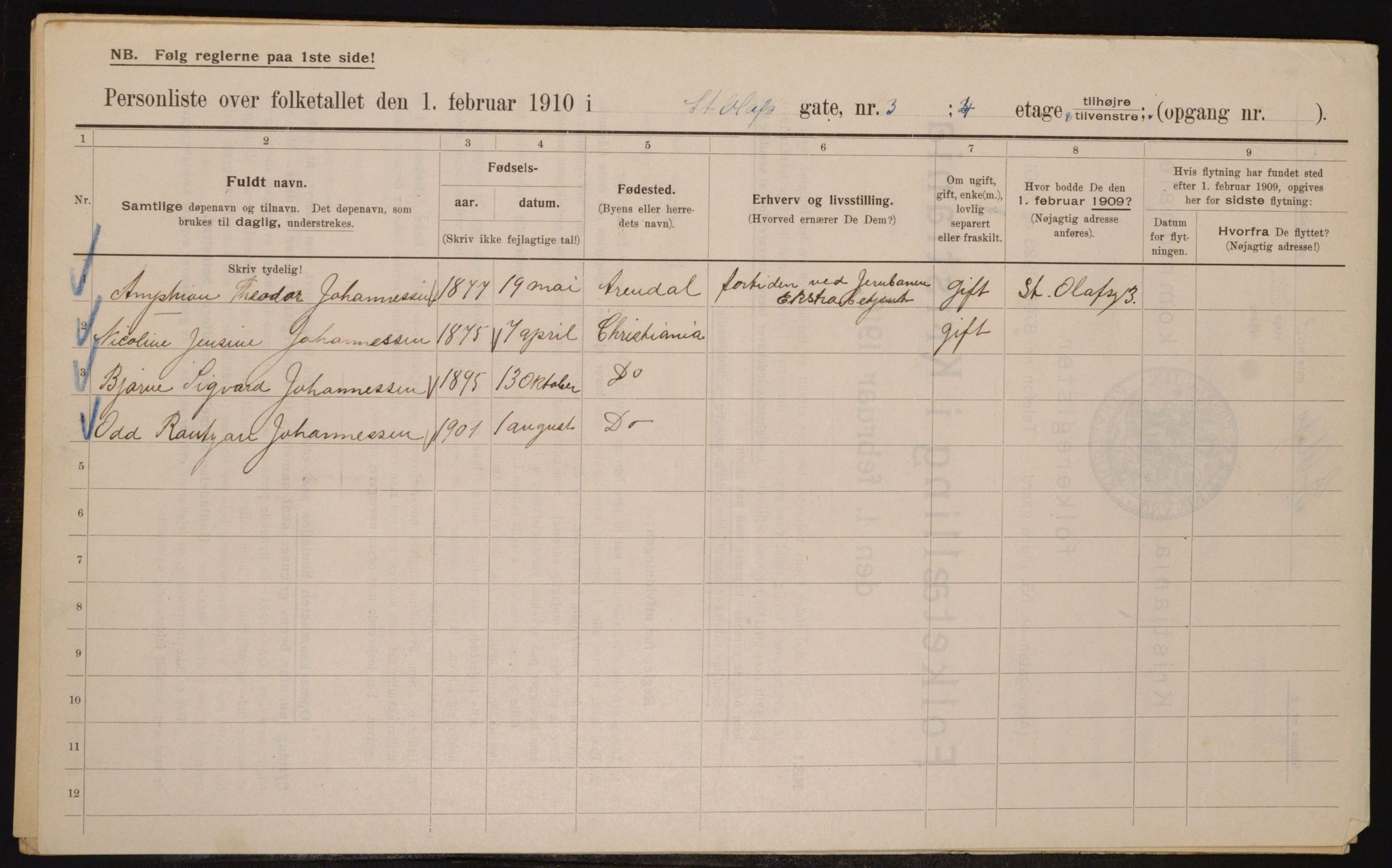 OBA, Kommunal folketelling 1.2.1910 for Kristiania, 1910, s. 84100