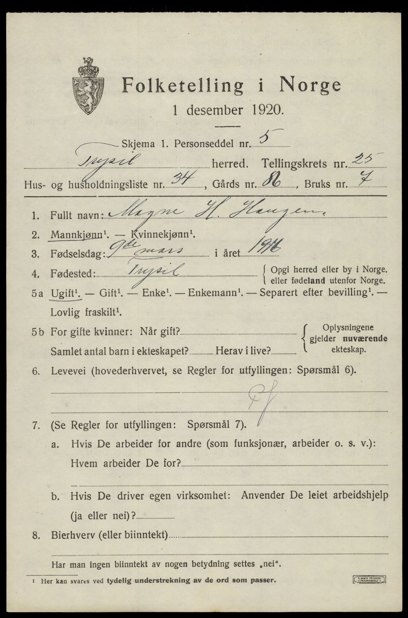 SAH, Folketelling 1920 for 0428 Trysil herred, 1920, s. 16101