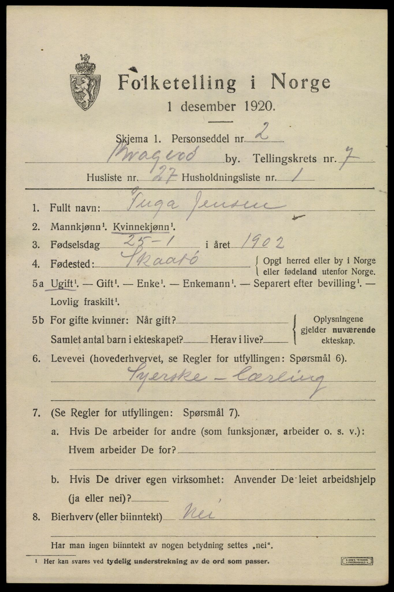 SAKO, Folketelling 1920 for 0801 Kragerø kjøpstad, 1920, s. 9999